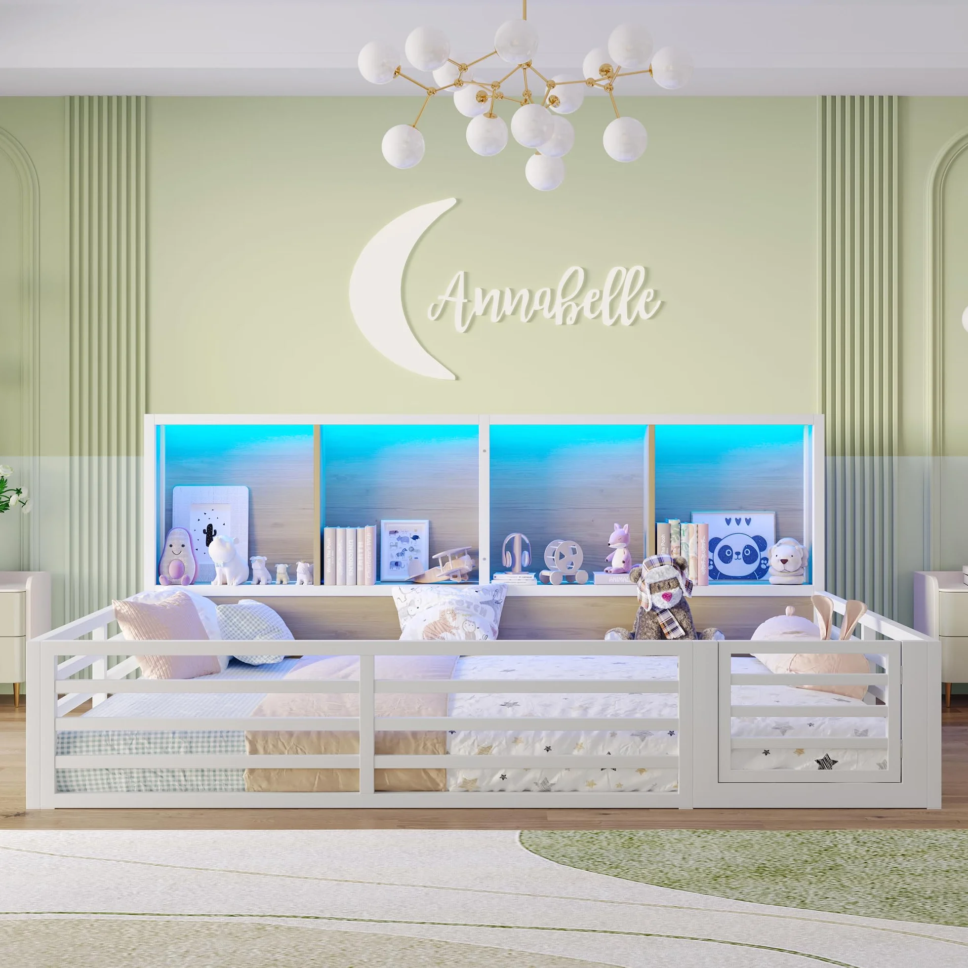 Montessori - Cama infantil (140 x 200 cm, con protección anticaída y somier, cama de casa con 4 compartimentos de almacenamiento, iluminación LED y puerta), color blanco, 140 x 200 cm