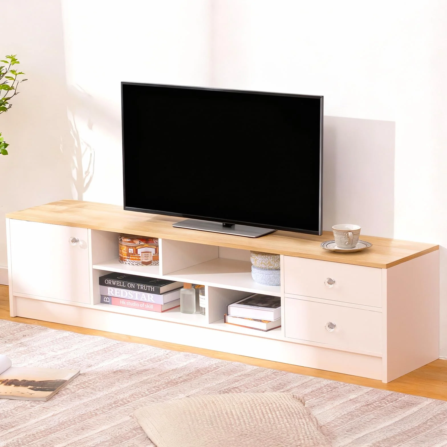 SHARPDO Mueble TV 160 cm Blanco y Madera, Mueble Bajo de Salón con 2 Cajones, 1 Puerta y 4 Compartimentos, Mesa TV Moderna para Salón y Dormitorio