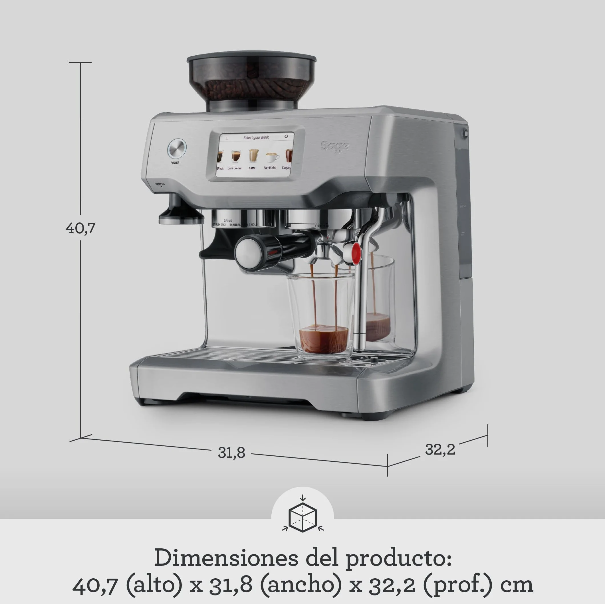 Sage - The Barista Touch -Cafetera Profesional con Pantalla Táctil, Molinillo Incorporado y Espumador de Leche -Prensador Extraíble, 5 Preajustes - Máquina de Café Espress - Acero Inoxidable Cepillado