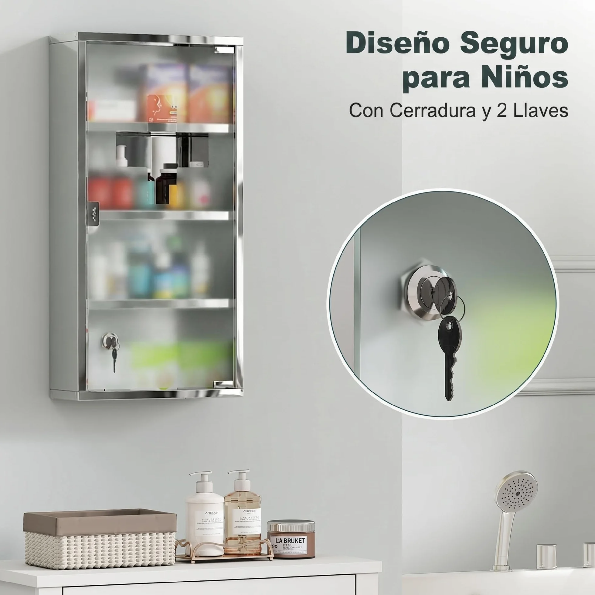 HOMCOM Armario de Medicinas Botiquín Acero INOX 4 Estantes Colgante Pared con Cerradura