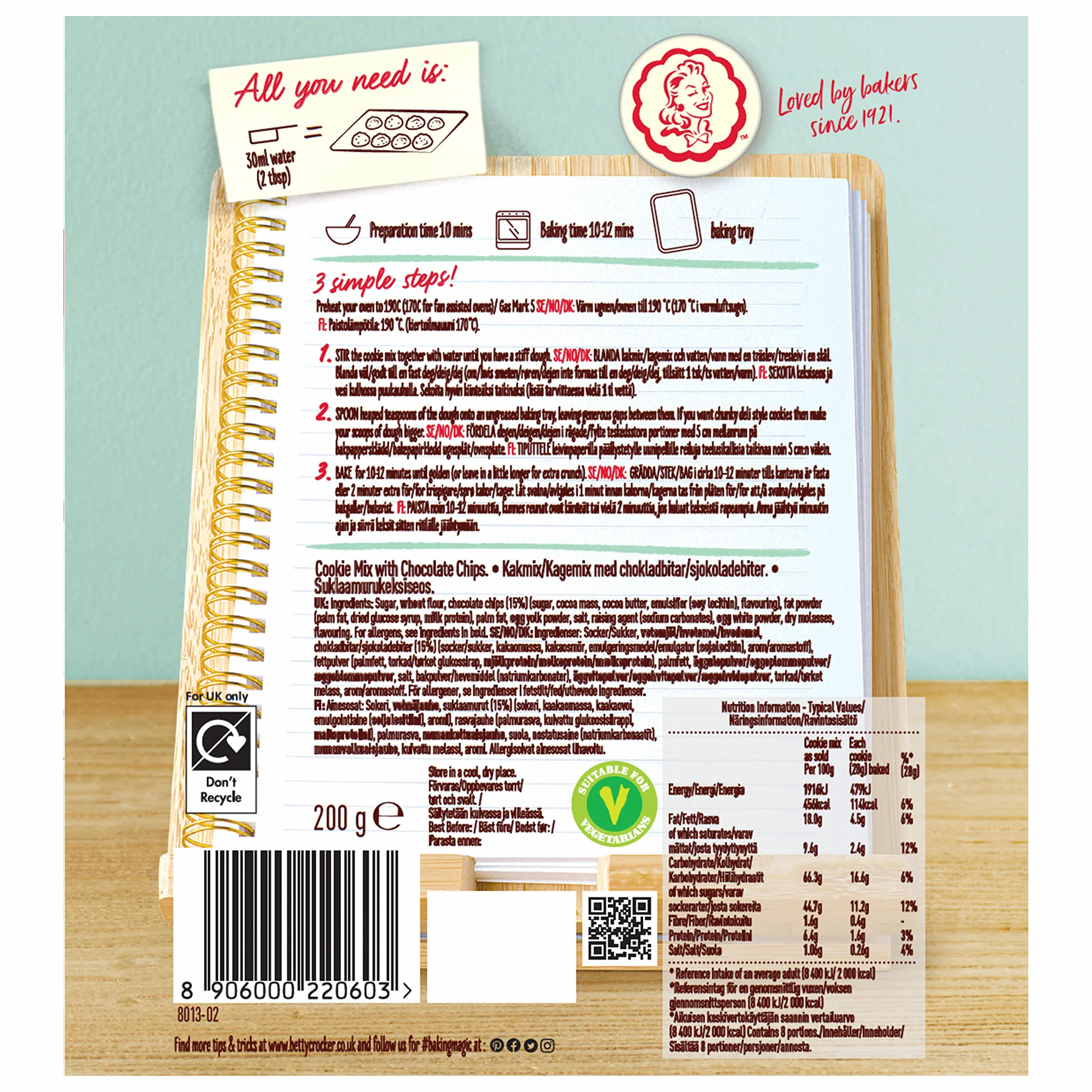 Betty Crocker Chocolate Chip Cookie Mix 200G 8 Unidades Galletas Caseras Americano