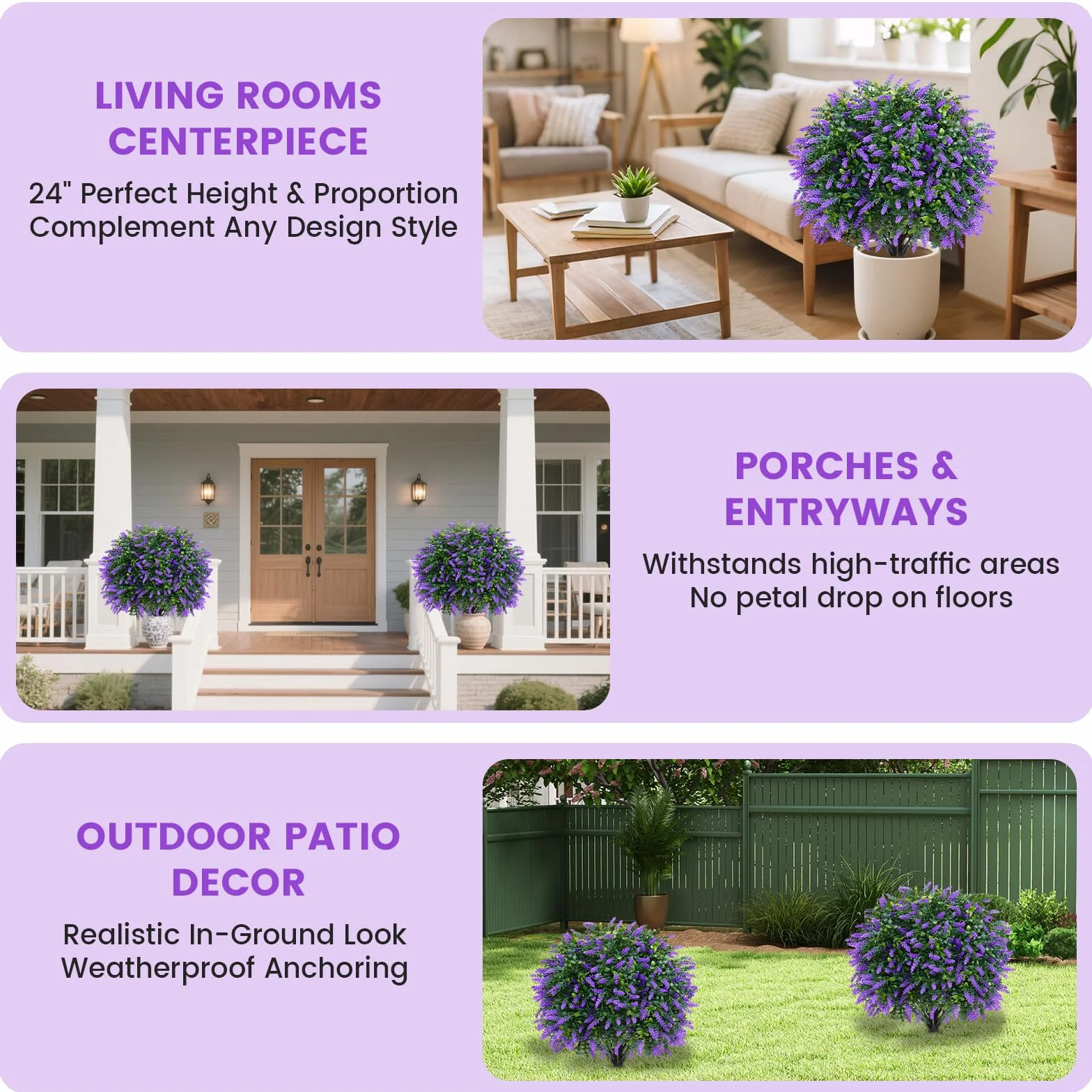 2 bolas topiarias artificiales de lavanda con estaca para el suelo, árbol artificial resistente a los rayos UV para decoración de interiores y exteriores, plantas artificiales para jardín, porche
