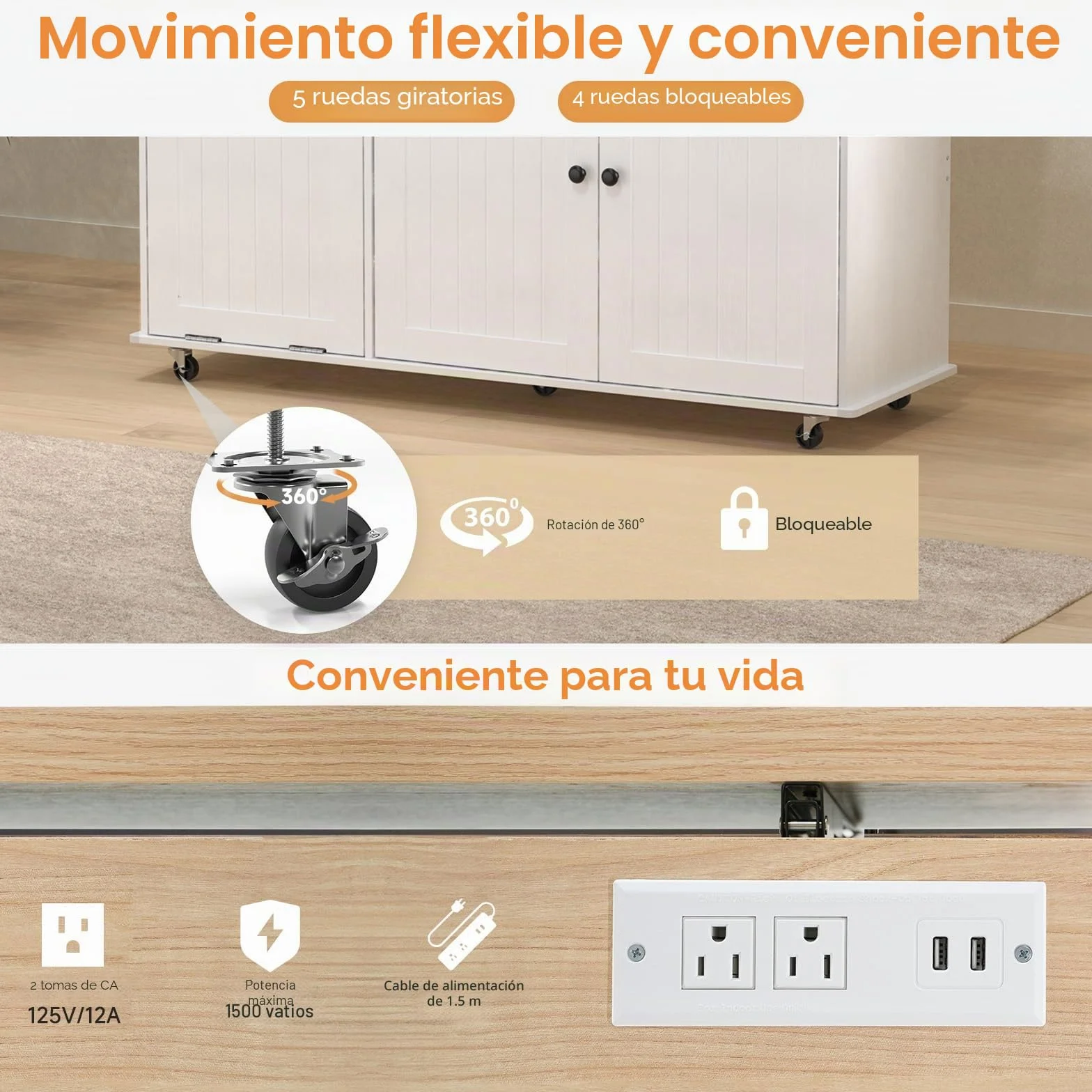 Isla de cocina de 60 pulgadas con toma de corriente y hoja de caída, isla rodante de cocina con estante para especias y toallero, soporte para cuchillos, carrito de isla de cocina con armario de