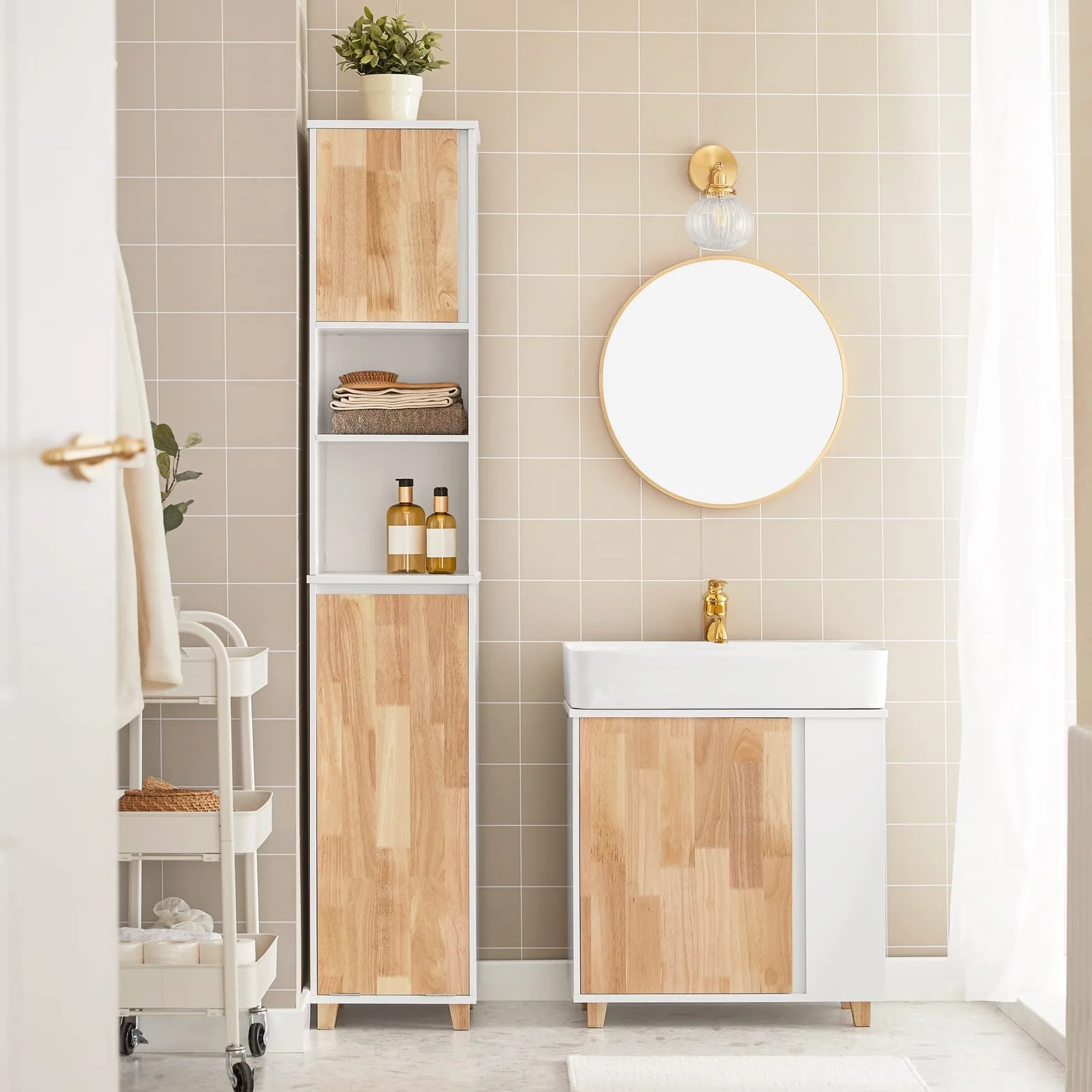 SoBuy Mueble Baño - Armario Baño Alto Cesta Plegable para Ropa Sucia, Mueble Columna Estrecho de Madera Resistente a la Humedad, Blanco, 31x170x32 cm, BZR74-W