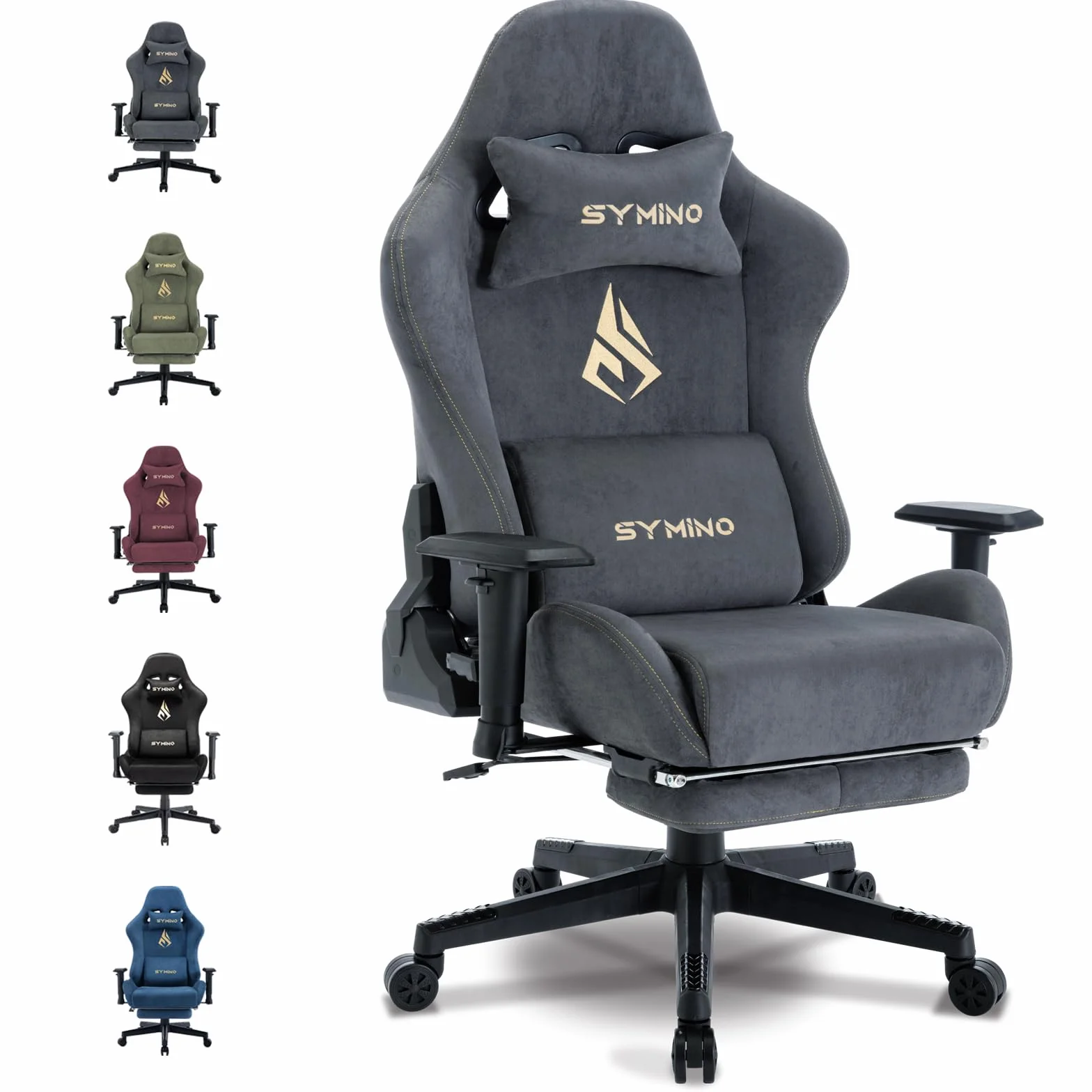 Symino Silla Gaming Ergonómica Reclinable con Reposapiés Ajustable, Soporte Lumbar y Reposacabezas Regulable, Altura Ajustable para Adultos hasta 200kg (Gamuza Artificial,Grey)
