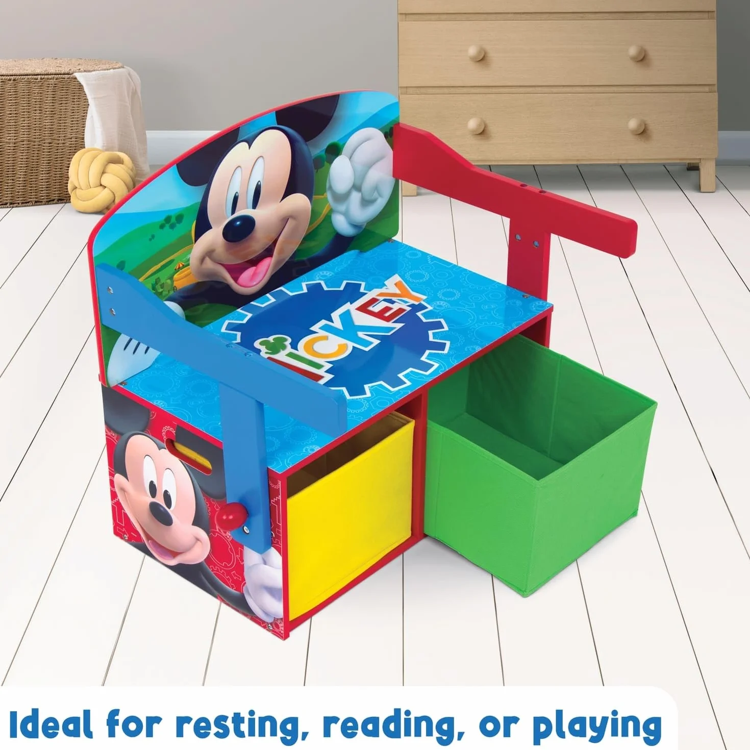 Banco pupitre infantil de madera convertible en escritorio con almacenaje inferior Mickey Mouse Disney 60x47x56cm Rojo Azul