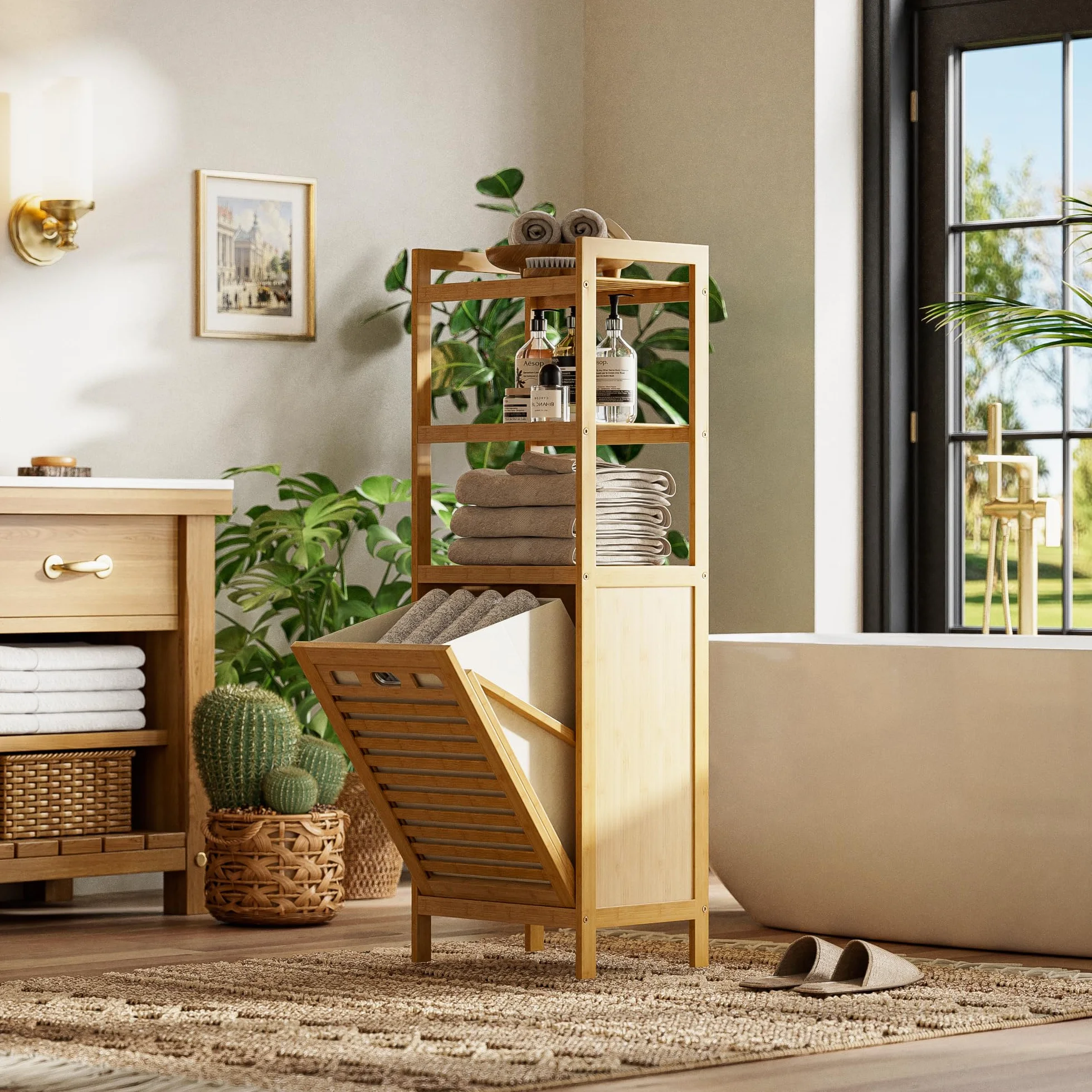 HITNET Armario de Baño con Cesto Ropa Sucia, Mueble Ropa Sucia de Bambú, 40L Bolsa Interior Extraíble con Asas y 3 estantes Abiertos, para Lavadero,Sala de Estar y Dormitorio, Natural