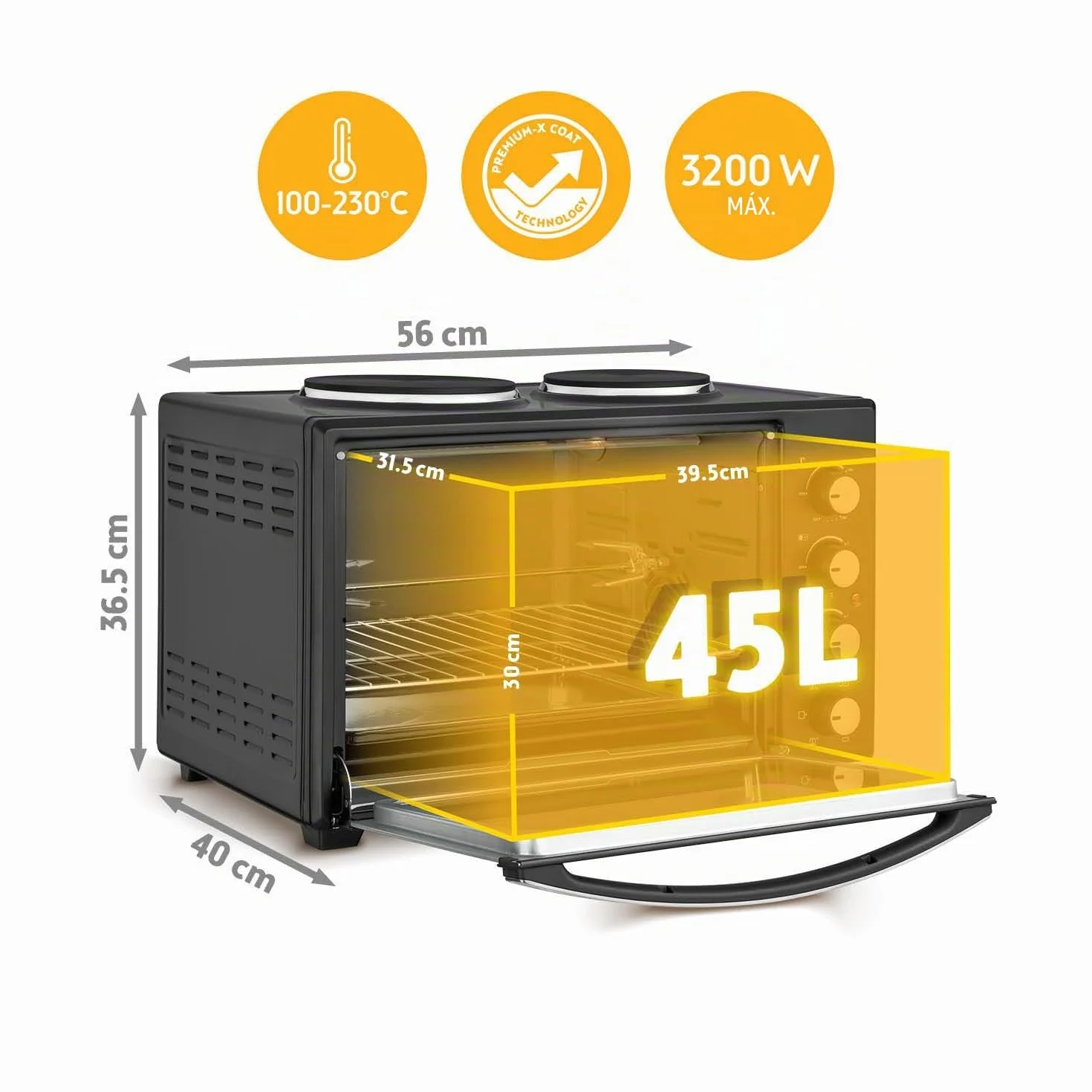 First Austria Mini Horno 45L 3200 W con Quemadores para Pizza 230°C Revestimiento Antiadherente Multihorno 4 Alturas
