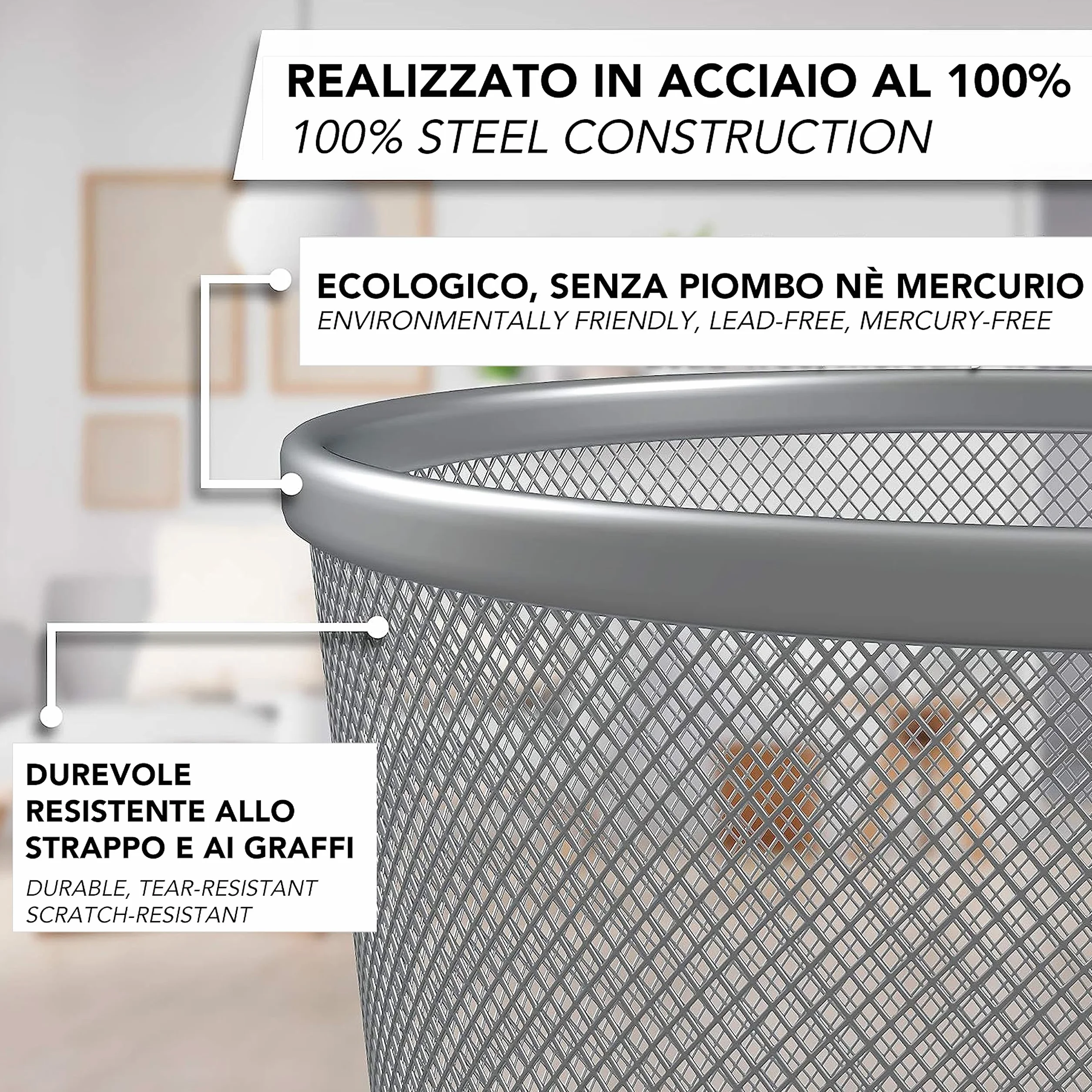 IPEA Papelera de Malla Metálica – 26 x 23 cm – Papelera de Reciclaje para Oficina, Casa, Dormitorio, Escuela de Metal – Cesta de Basura para Escritorio, Mesa, Mueble