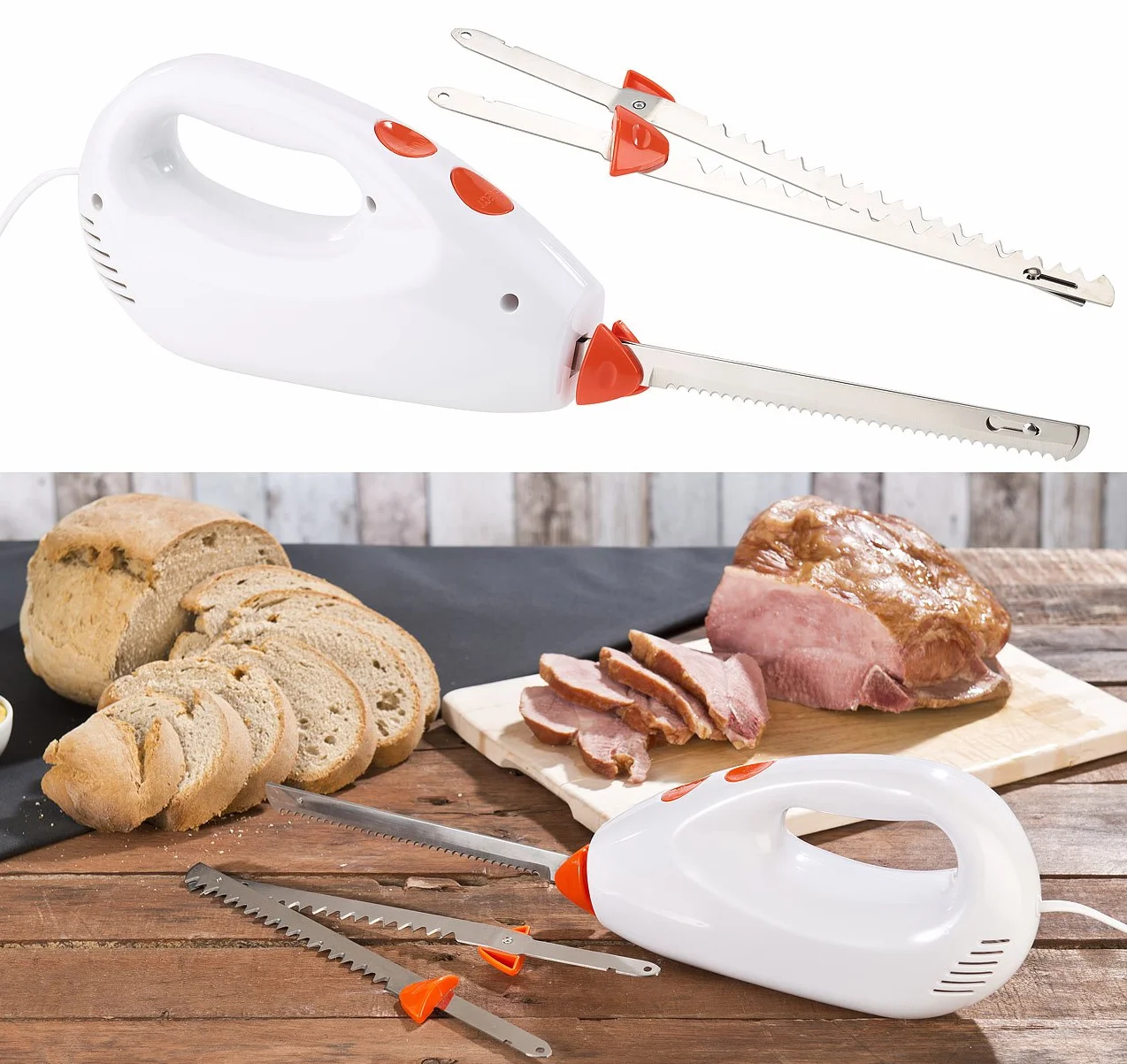 Rosenstein & Söhne Cuchillos eléctricos - cuchillo eléctrico: cuchillo eléctrico, 2 cuchillas dobles de acero inoxidable, sistema de seguridad (cocina, para carne, profesional)