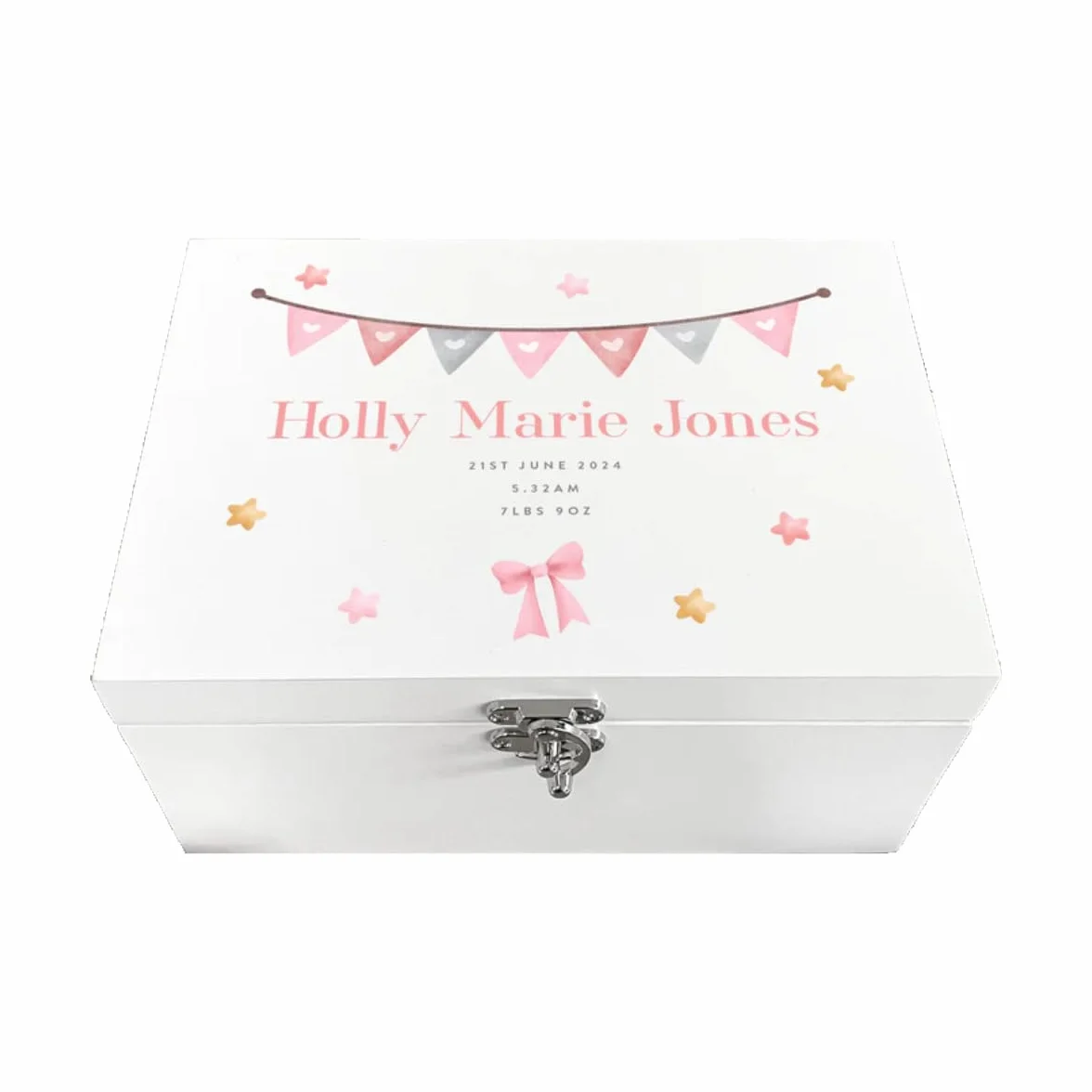 Caja de recuerdos de madera blanca con guirnalda rosa personalizada para baby shower, nuevo bebé, 27 x 19 x 14 cm