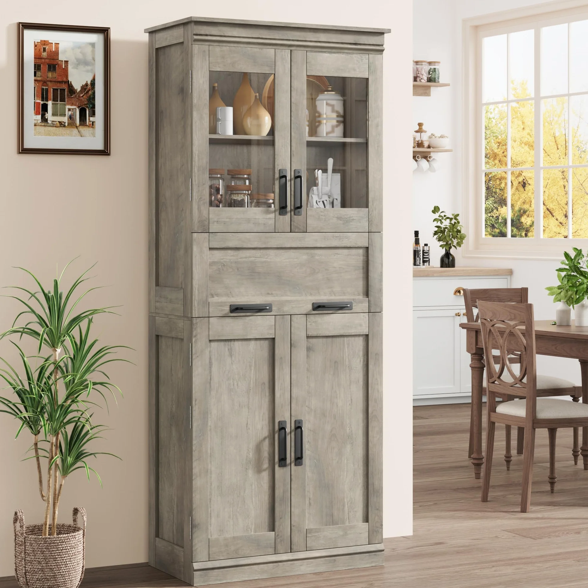 Armario de Baño Estilo Clásico Antiguo, Premium Ancho, Gran Almacenamiento, Ideal para Cocina, Baño y Salón. Estructura de Madera Maciza. 60 × 30 × 170 cm, Color Gris