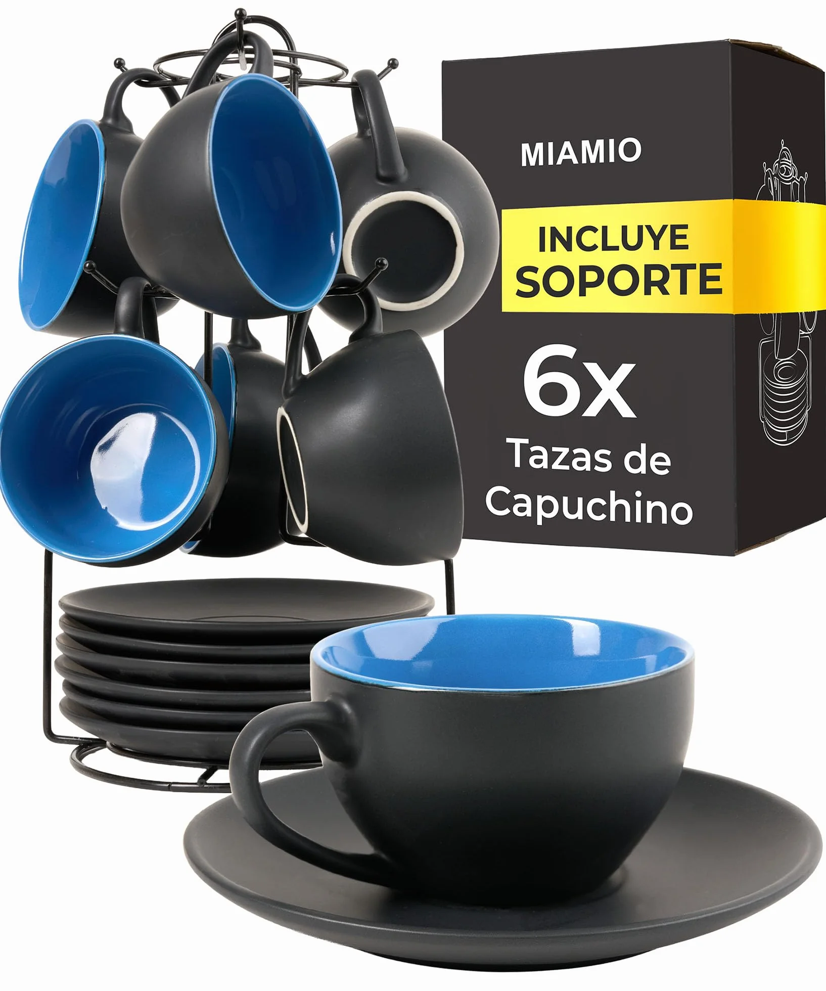 MIAMIO - Juego De Tazas De Cafe - 6 tazas de 175 ml Tazas de Cappuccino - Juego tazas de cafe Capuchino Taza Cafe - Colección Le Papillon (Azul)