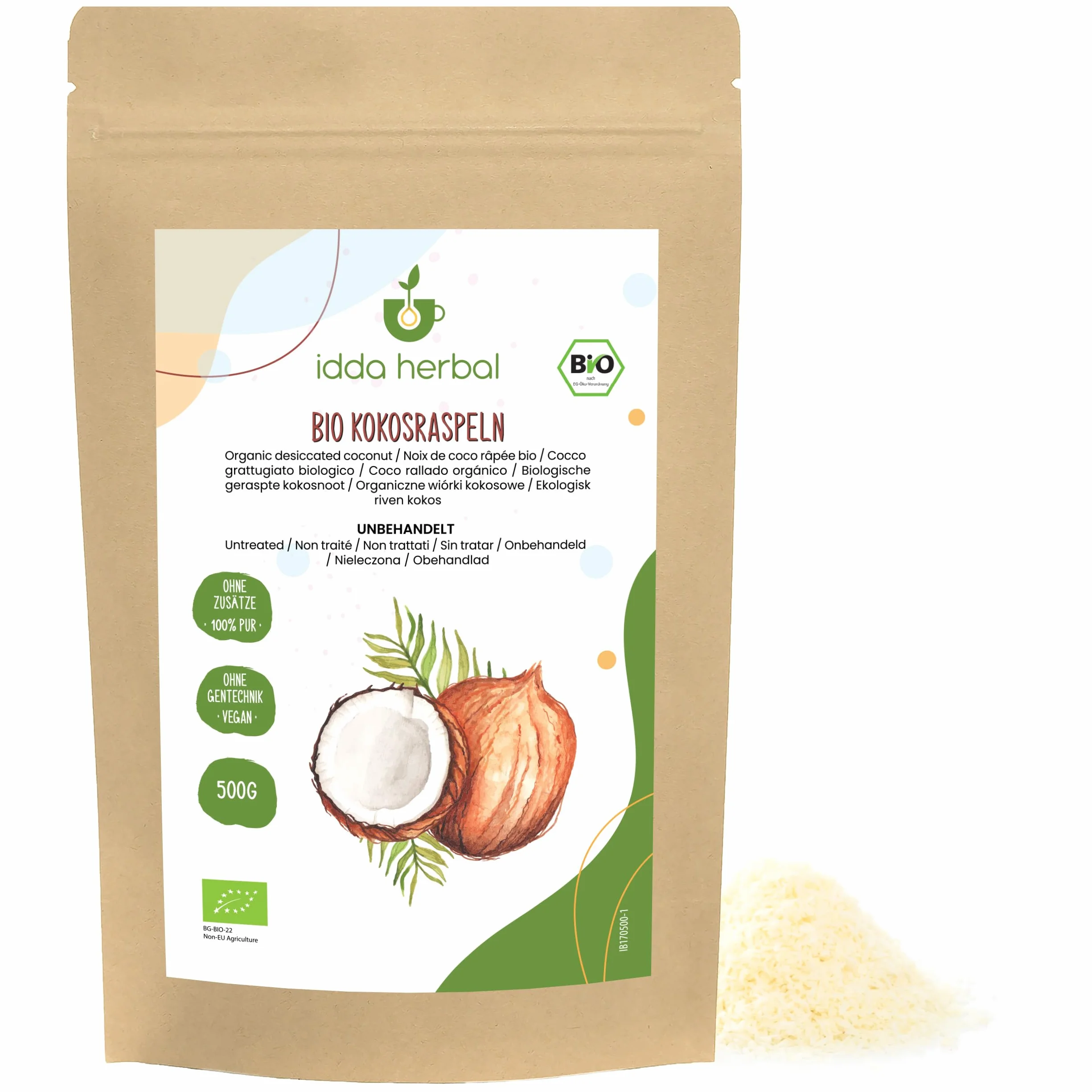 IDDA Herbal Coco Desecado Orgánico 500g, Coco Crudo Rallado para Hornear