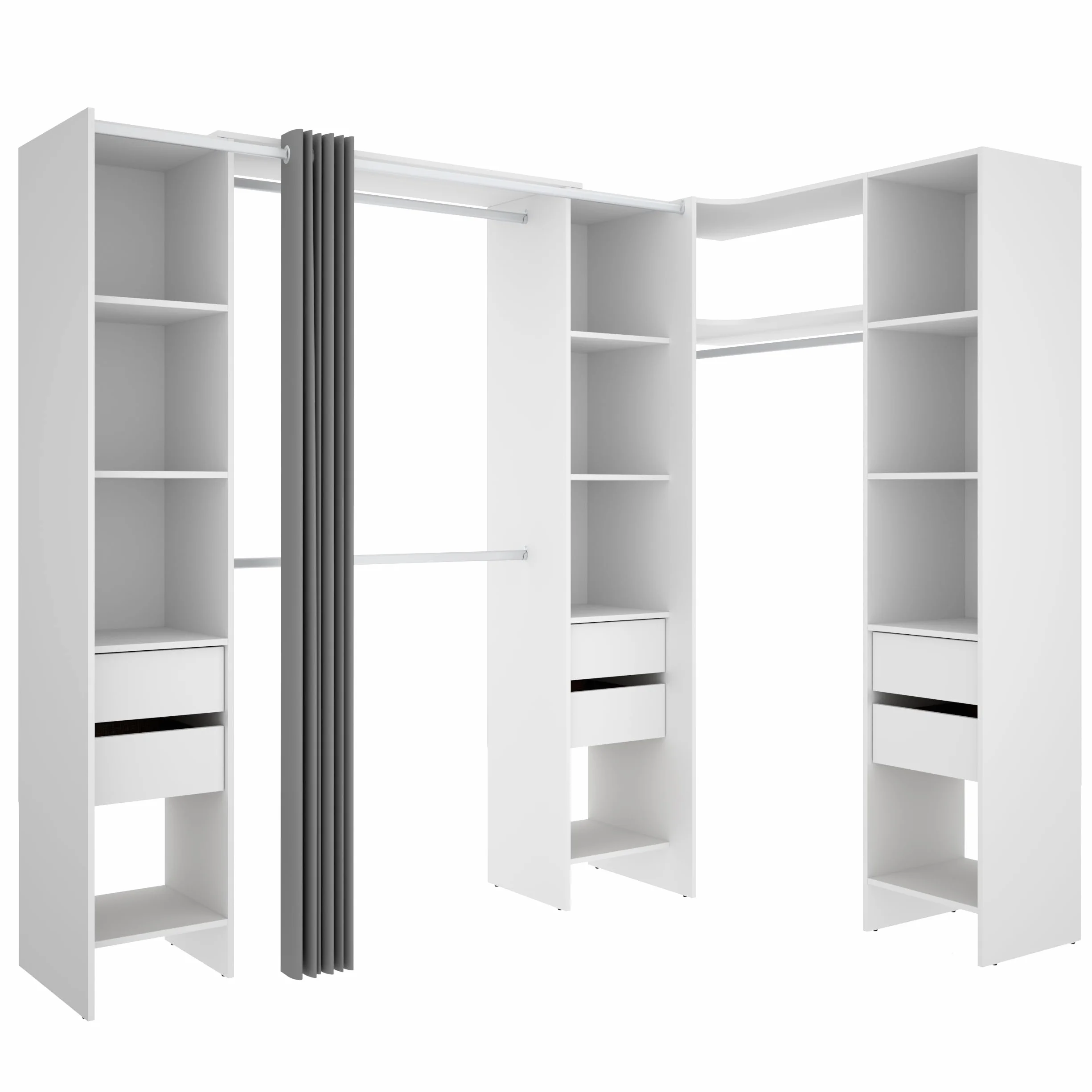 DEKIT GRUPO RIMOBEL SUIT - Conjunto de Vestidor rinconero con dos columnas, zona de barras y cortina - Blanco - 205 x 164-234 x 141 cm