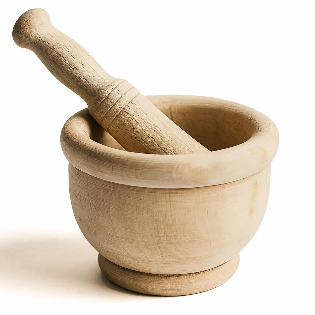 MGE - Juego de Mortero y Mazo - Mortero de Madera - Mortero de Cocina - Mortero de Cocina para Triturar Especias - Molinillo Manual de Ajo, Hierbas - Triturador de Especias - Madera - 14 cm