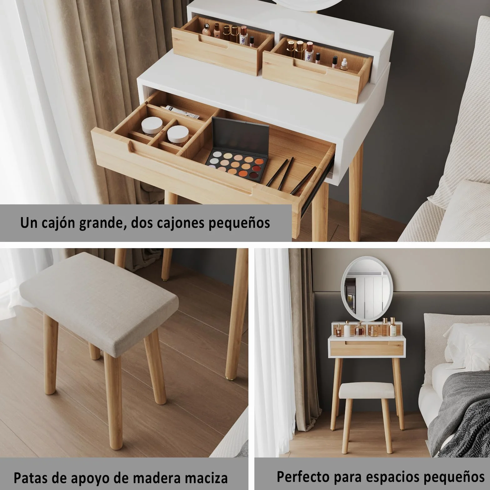 YU YUSING Tocador de Maquillaje con Espejo LED 3 Modos Luz y Taburete 3 Cajones, Mesa Cosmética Multifuncional