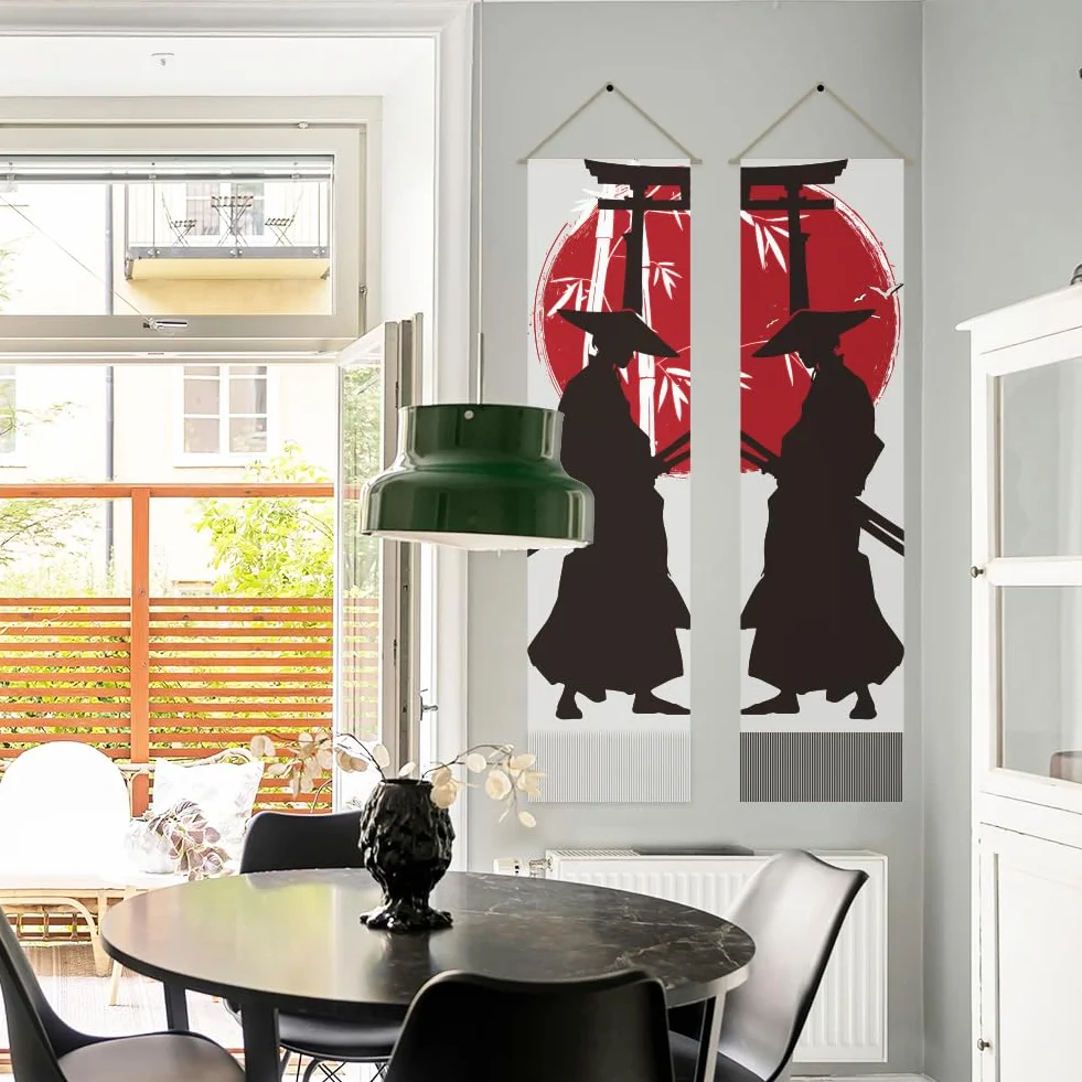 AHANDMAKER Tapiz samurai japonés, 2 piezas, blanco y negro, sol rojo genial, decoración colgante de pared, tapiz vertical largo para dormitorio, sala de estar, decoración bohemia mística de habitación