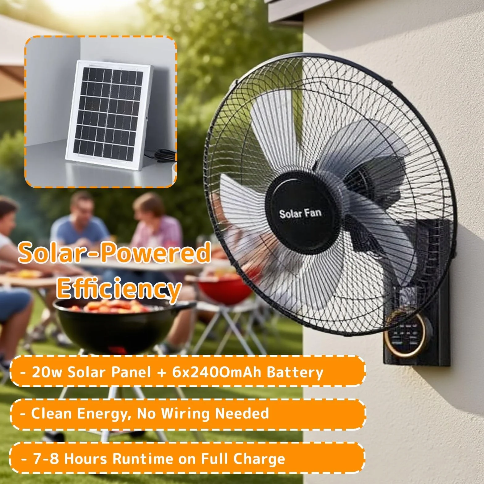Ventilador Solar De Pared Con Mando A Distancia, 3 Velocidades Silencioso Oscilante, Temporizador E Inclinación Ajustable, Para Interior Y Exterior, Placa Solar O Enchufe