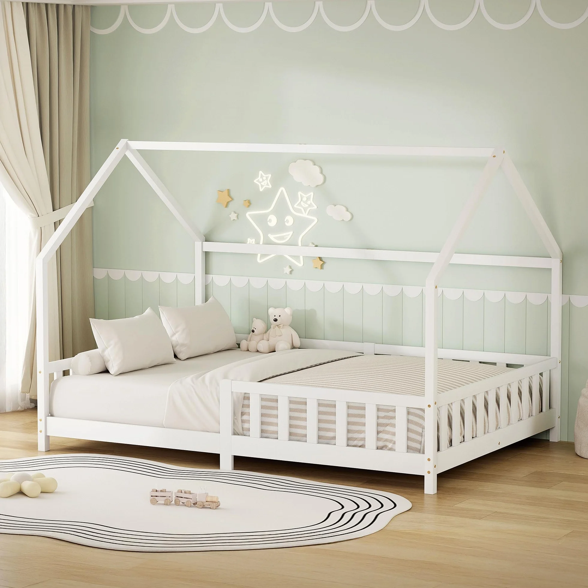 ML-Design Cama Infantil 140x200cm Blanco, con Protección Anticaída, Techo y Somier, Estructura Listones de Madera de Maciza de Pino Lecho Doble Montessori Forma de Casa Mobiliario Juvenil, para Niños
