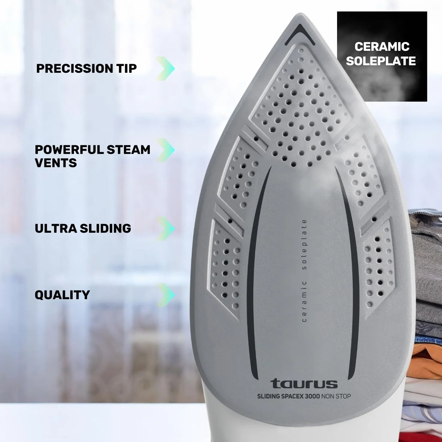 Taurus Sliding Spacex 3000 Non Stop - Centro de planchado compacto, calentamiento en 30s, golpe de vapor 400g/min, vapor continuo de 130g/min, depósito extraíble de 1.3L, suela cerámica