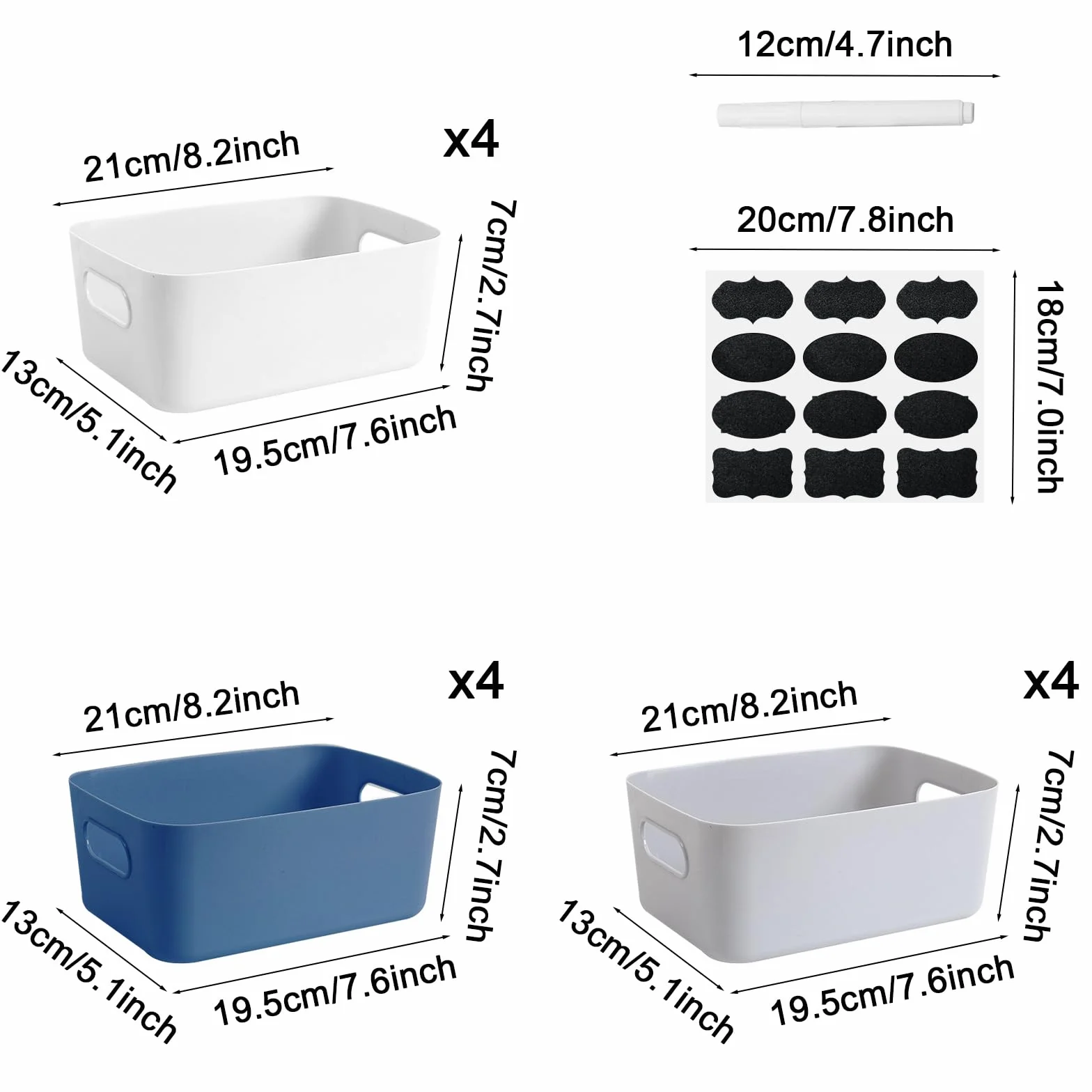 12 Pcs Cestas Almacenaje de Plástico(20 x 14 x6.5cm),Cajas Organizadoras con Asas,Cajones Almacenaje para Cocina,Escritorio,Oficina,Cosmético,Baño.