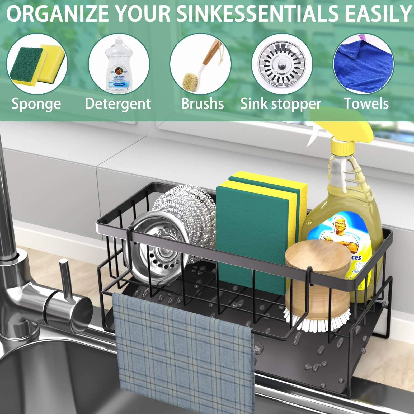 Wenrescry Organizador para Fregadero de Cocina con Bandeja de Drenaje autodrenante y Soporte para Trapos, Ideal para Cocina y baño, Organizador para cepillos, esponjas, jabón y más
