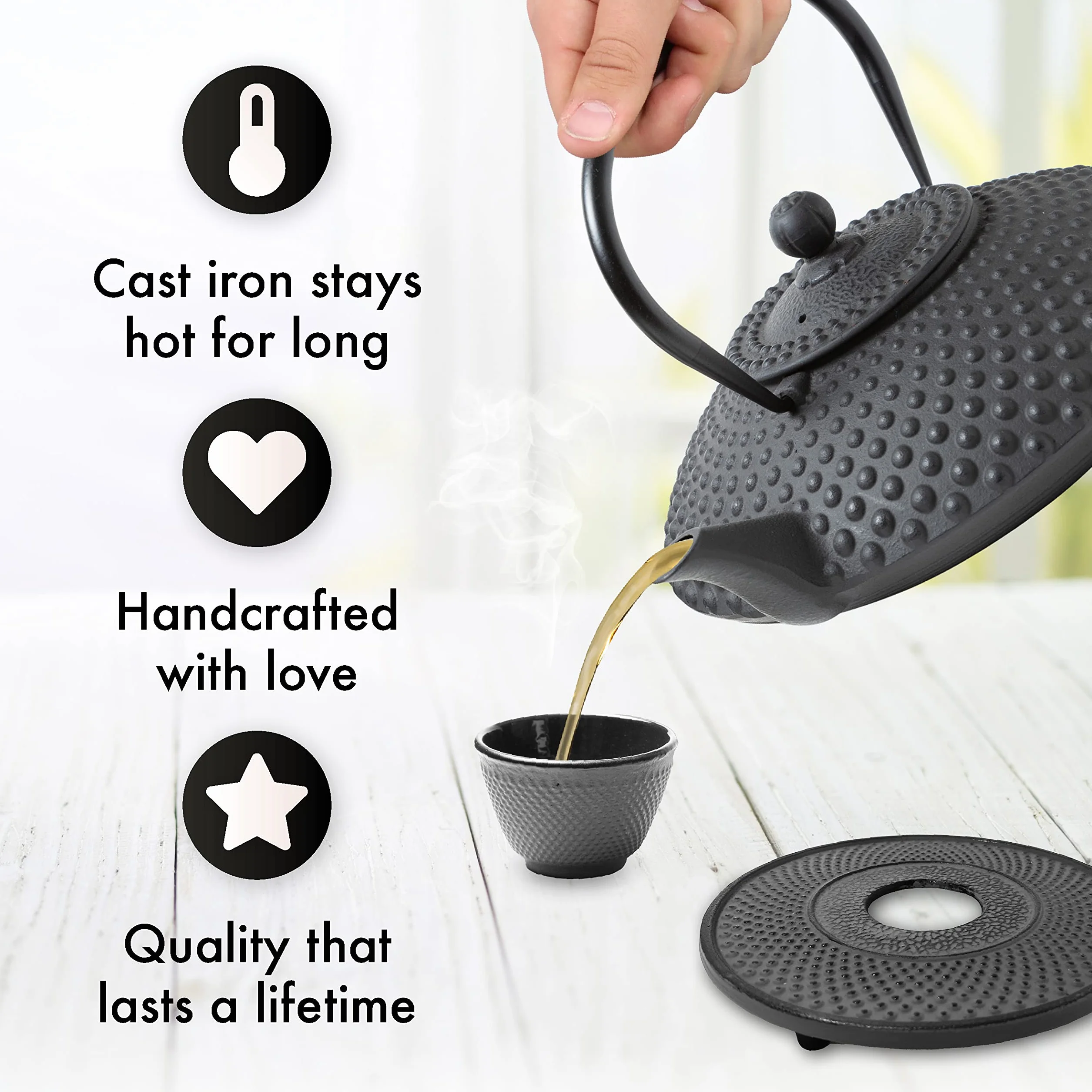 TETERA HIERRO 1,25 L | TETERA DE HIERRO Fundido Con Infusor de Acero Inoxidable | Interior Totalmente Esmaltado | Prepara una Taza Perfecta | Diseño Estilo Japonés | Colección: Kambin | Negro