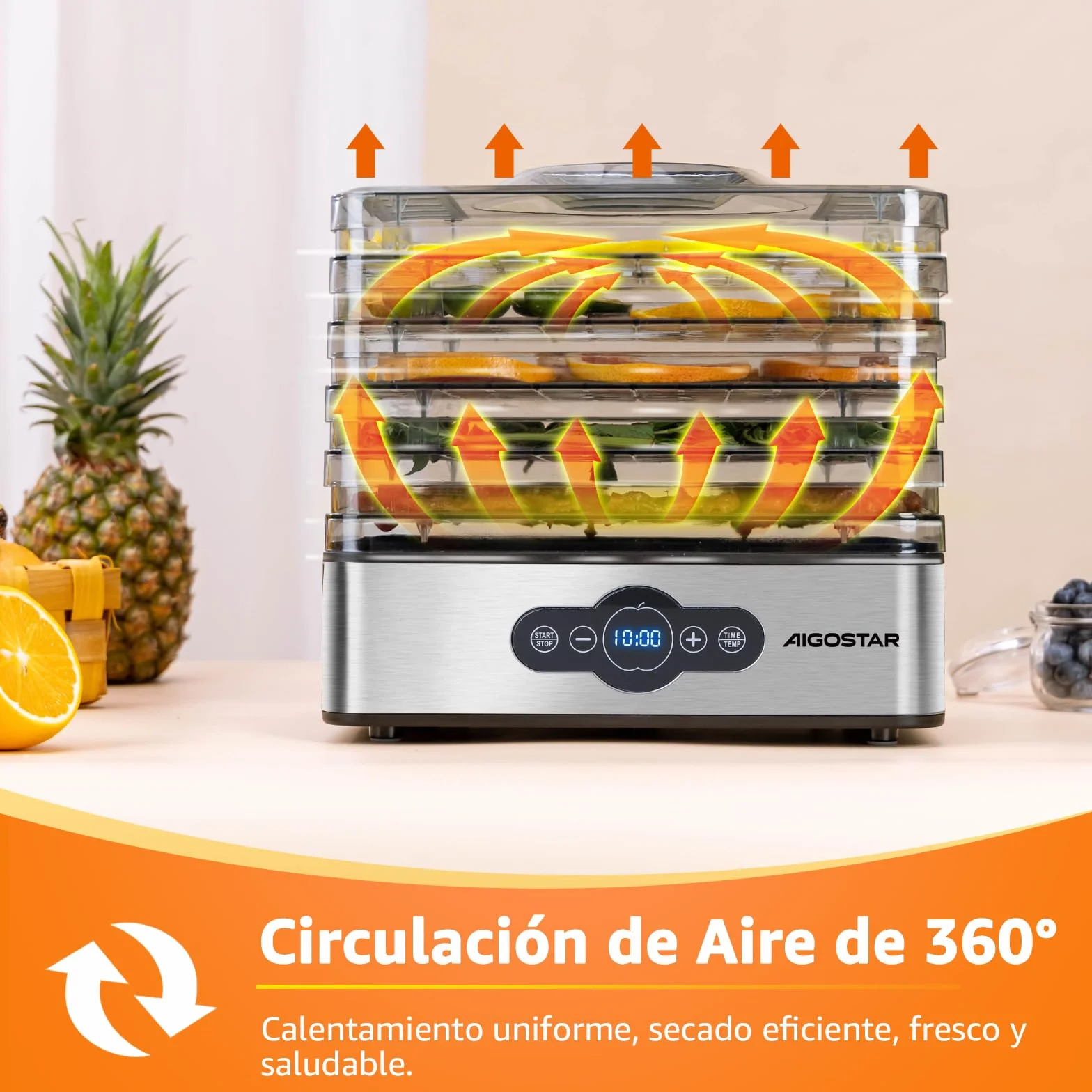 Aigostar Crispy Deshidratador de Alimentos 240W 5 Bandejas Altura Regulable Pantalla LED Temporizador 99H Temperatura Ajustable Sin BPA