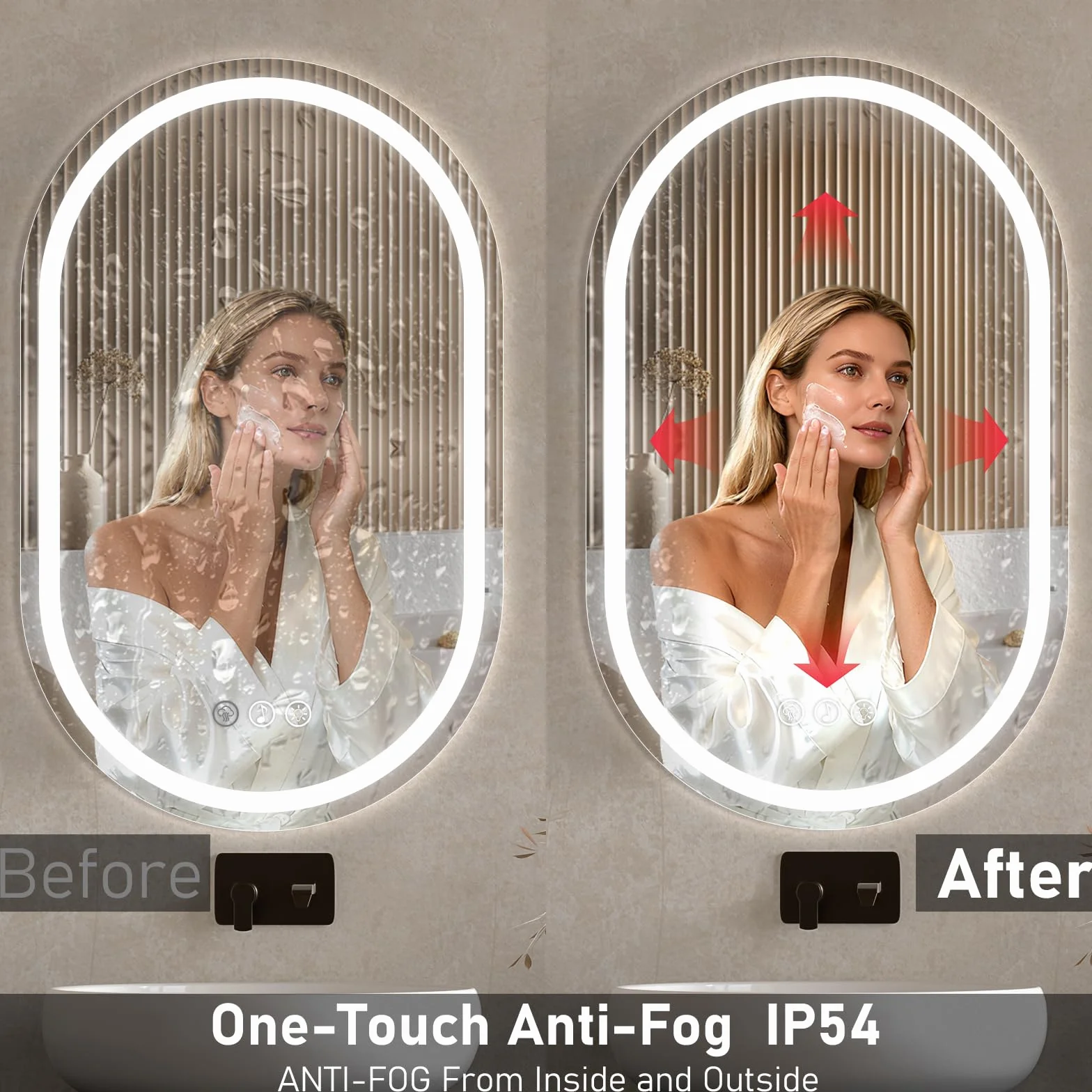 Ratsamee Bluetooth Espejo de Baño Ovalado con Luz 50x80cm, Espejos de Baño con LED con Antivaho, Regulable, 3 Colores Luz, Función Memoria