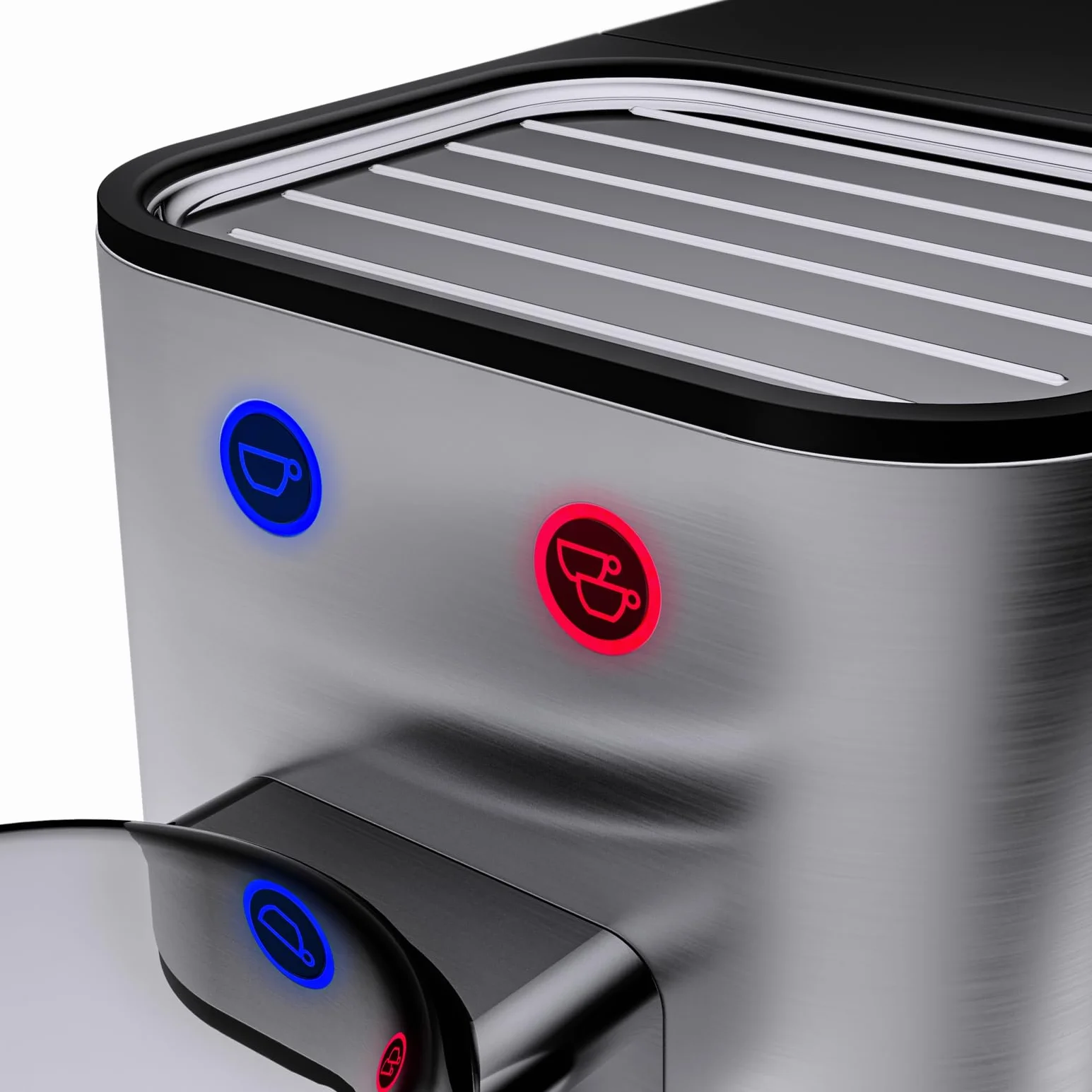WMF Lumero - Cafetera expreso con 3 portafiltro, 1400 vatios, para 1-2 tazas de expreso, 15 bares, reposavasos, espumador de leche, prensador de café, luz led, acero inoxidable mate