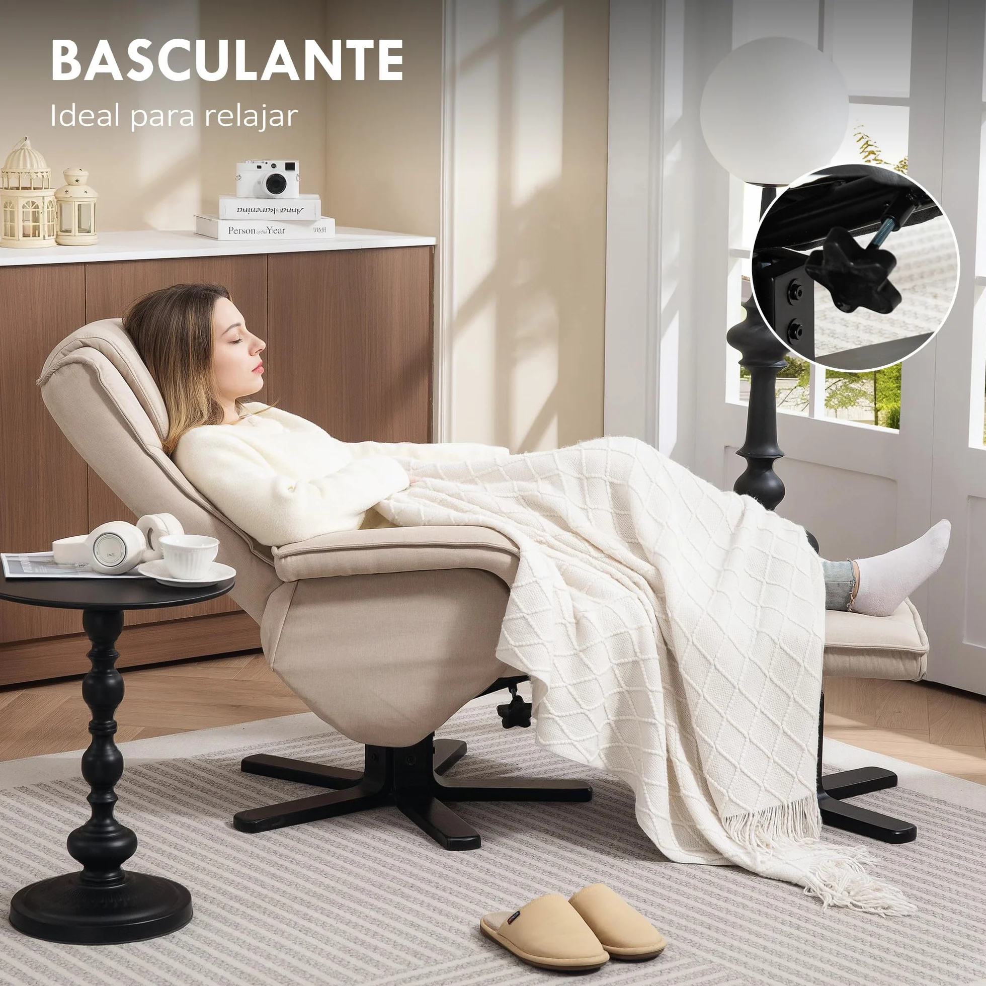 HOMCOM Sillón Relax Reclinable con Reposapiés Butaca de Salón Giratoria Tapizado en Lino con Base de Madera Butaca para Dormitorio Sala de Estar Beige