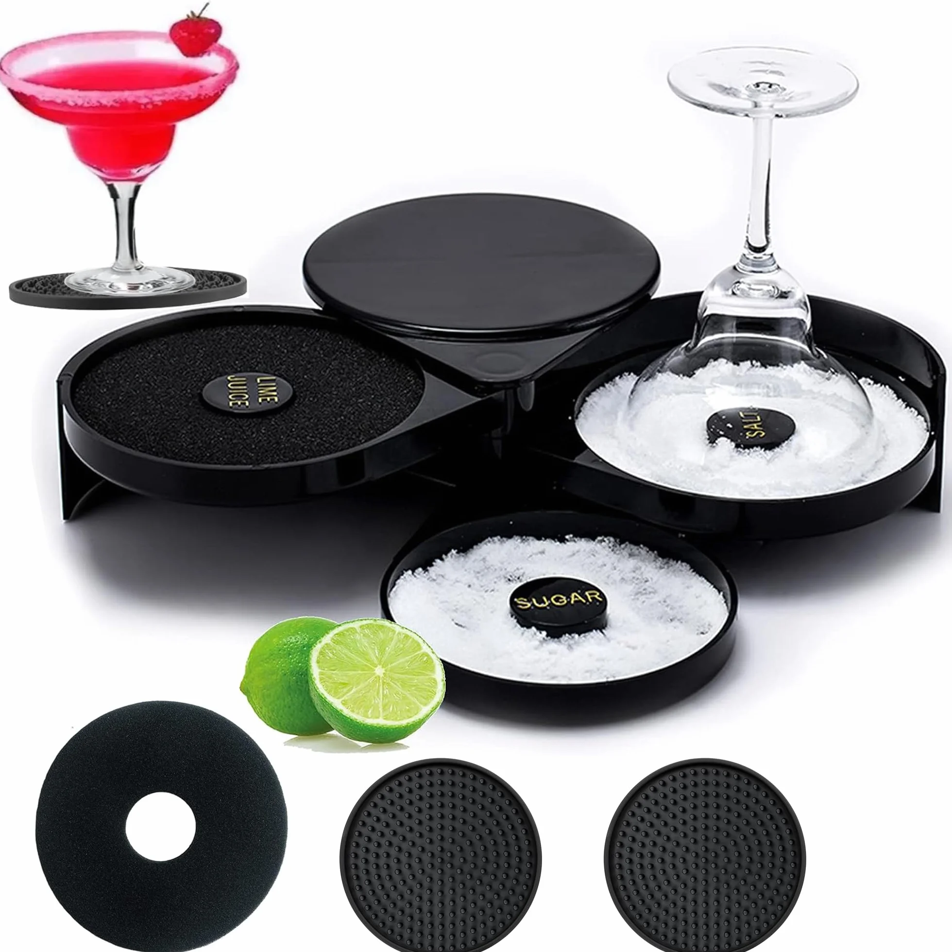Borde de Cristal de 3 Niveles para Cócteles, Bandeja Giratoria con Compartimentos para Azúcar y Sal