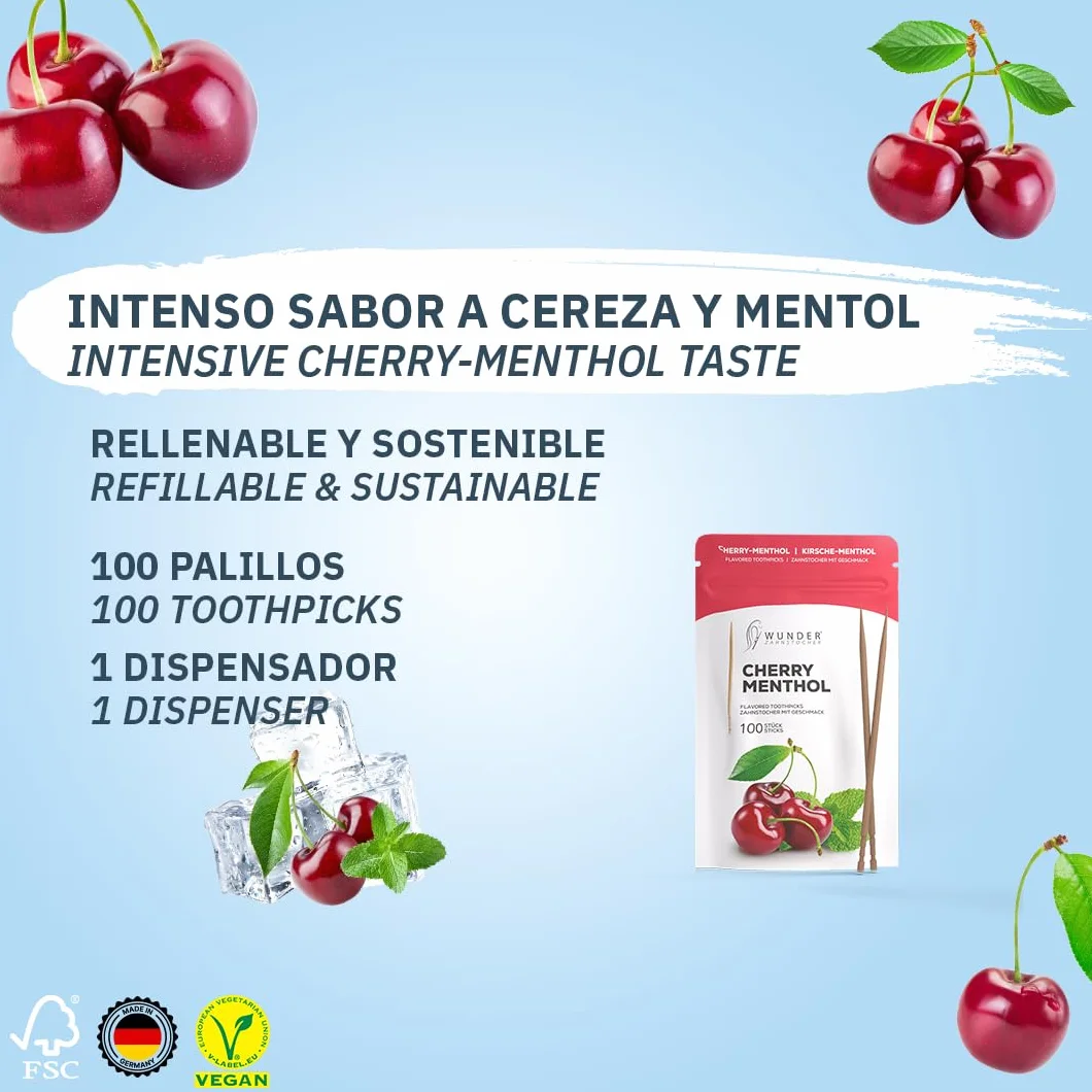 Wunder Palillos de Dientes Cereza mentolada 100 uds Recambio Limpieza dental