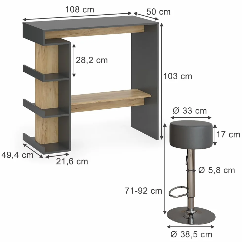 Vicco Set de Mesa de Bar Dana, Antracita/Roble Dorado, 108 x 50 cm con 2 taburetes de Bar, con estantes Abiertos para Usar como Mesa Alta