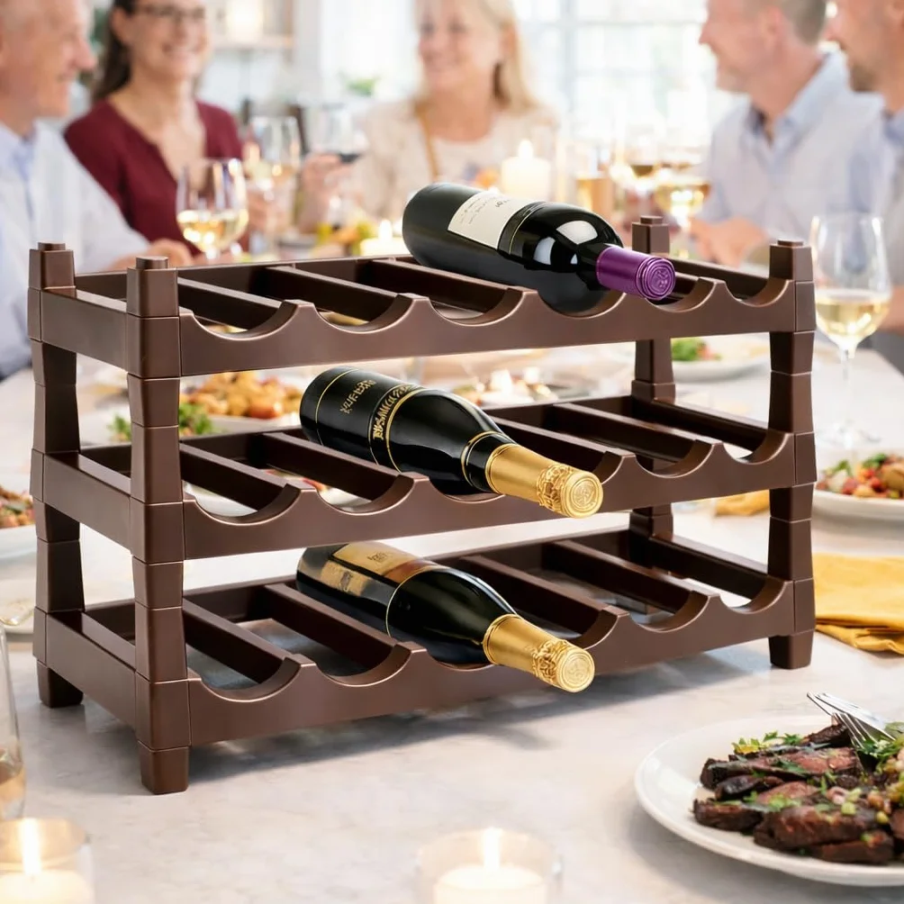 Ichigo Ichie Botellero de Plástico Apilable de 3 Niveles para 18 Botellas, Estanterías para Botellas de Vino, Estante de Almacenamiento para Exhibición de Vinos, Ideal para Hogar, Bar y Bodegas