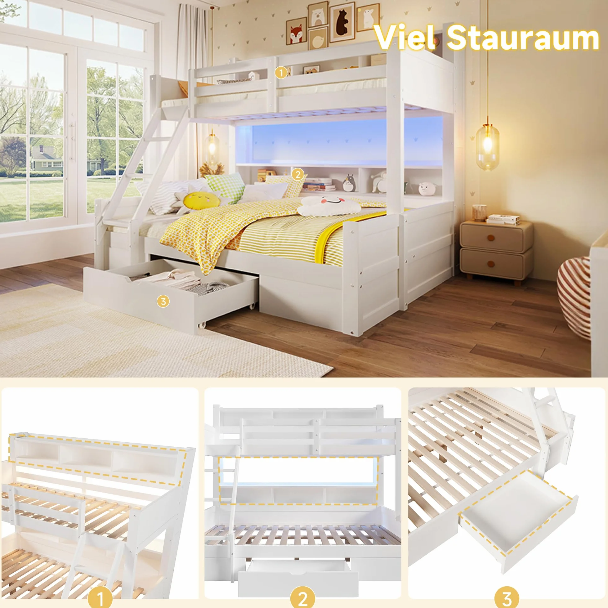 Litera de 90(140) x200 cm con Luz LED y Compartimentos Abiertos, Cama Litera Matrimonio con Cajón y Escalera, Cama Infantil Literas Infantiles con Barandilla Anticaída, Sin Colchón, Blanco