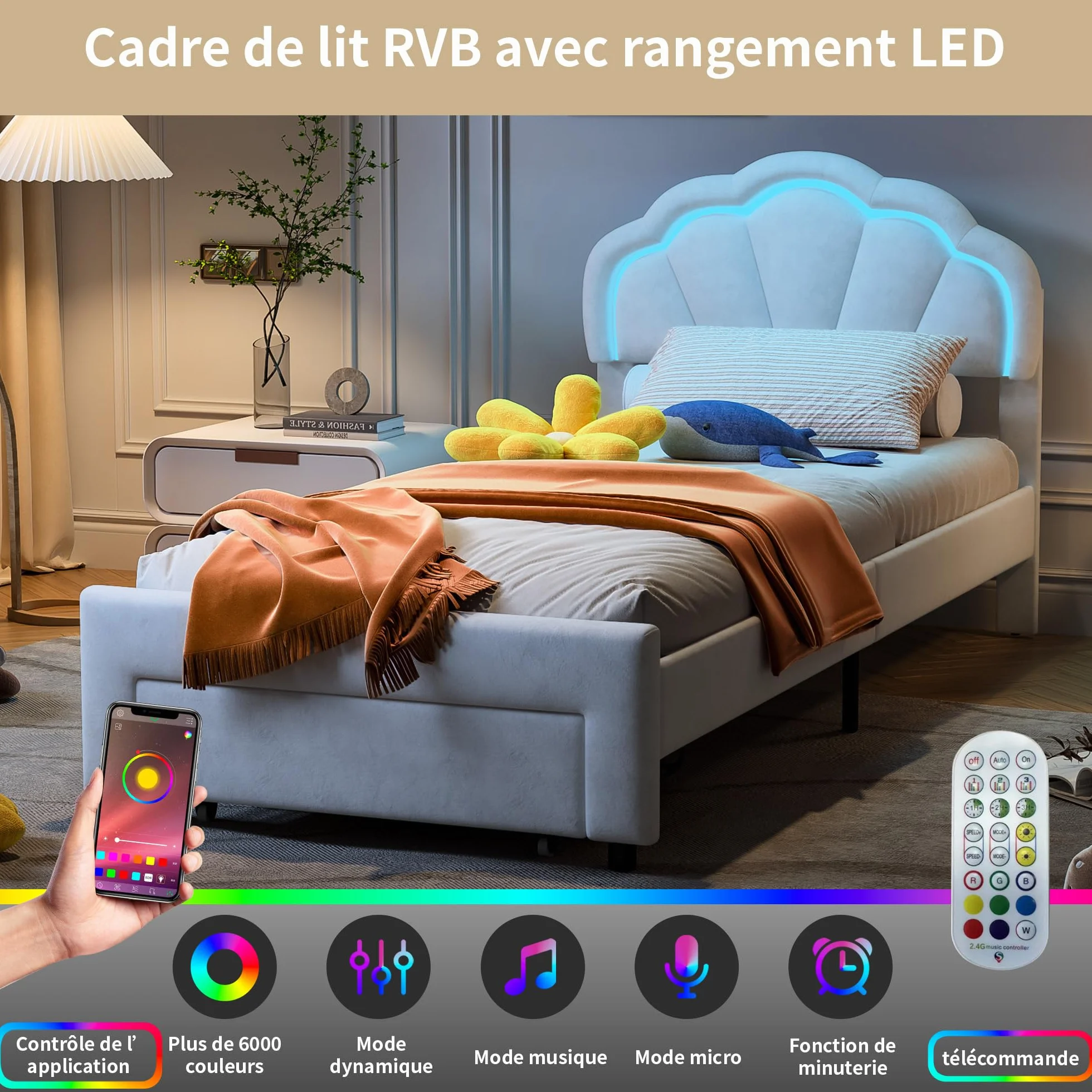 DADEA Cama de Niña Princesa LED con Cajones, Camas Individuales 90x200 Infantiles, Cama Infantil Niña90x200 con Cabecero Cama Niña Adolescente con SomierCamas Infantiles Moderna, Sin colchón