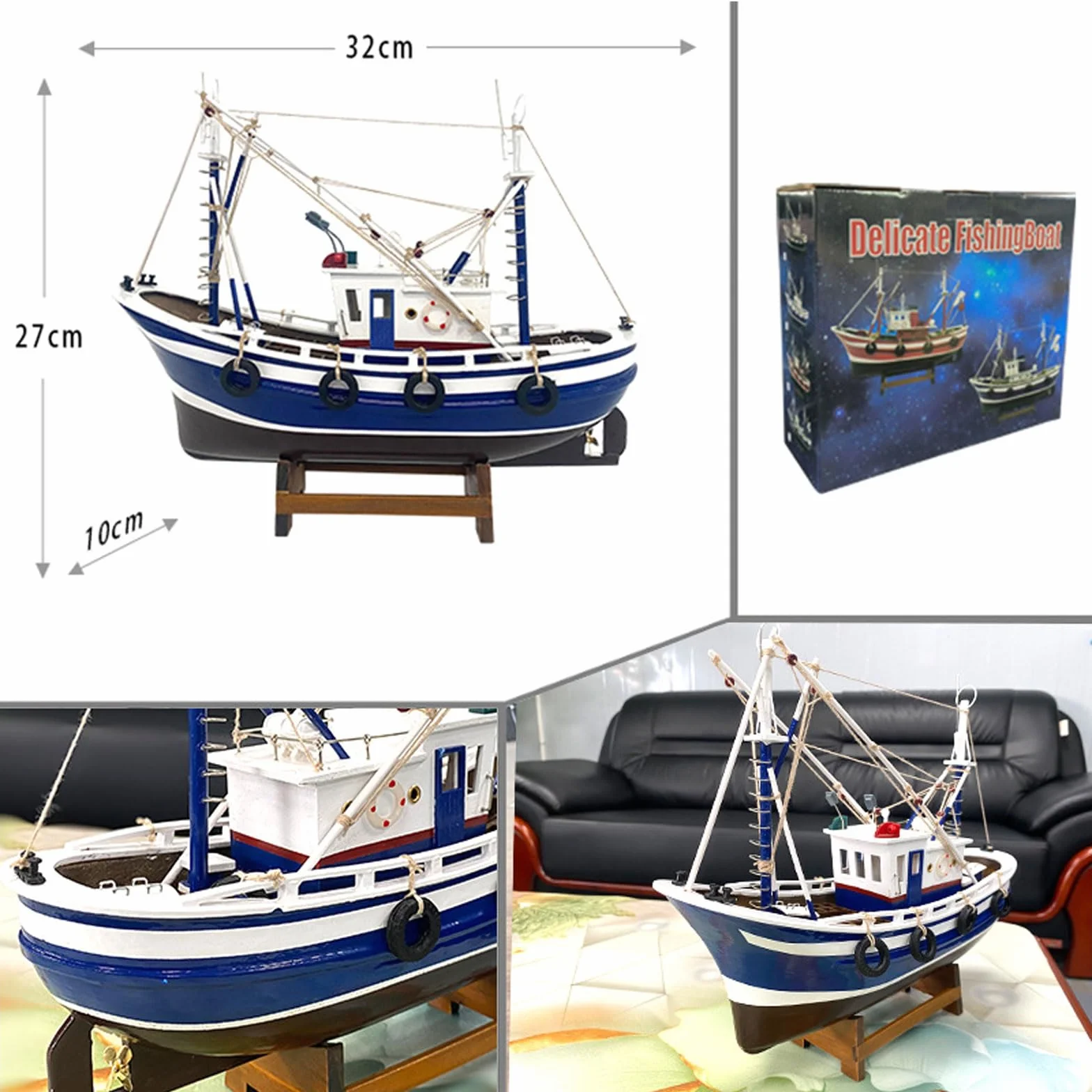 YLME Modelo De Barco Modelo Terminado De Barco Pesquero Simulado Adorno De Barco Pesquero De Madera Hecho A Mano Regalo De Recuerdo para Decoración del Hogar,Azul