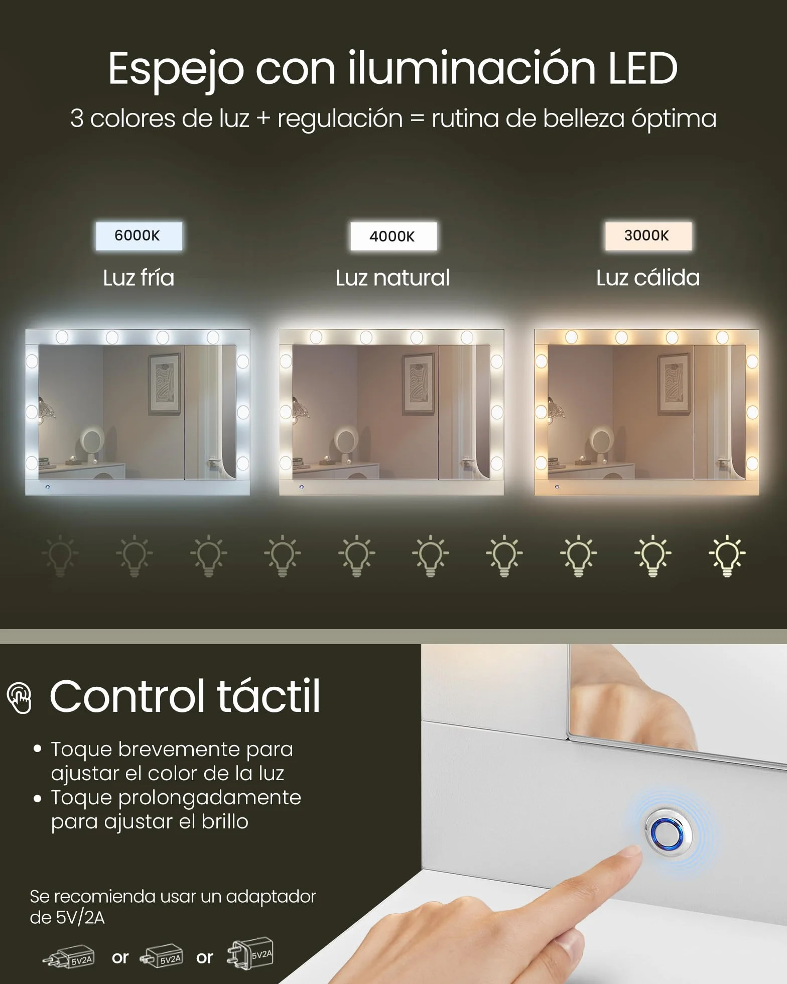 VASAGLE Tocador con Iluminación LED Mesa de Maquillaje 40x125x140 cm Blanco Nube