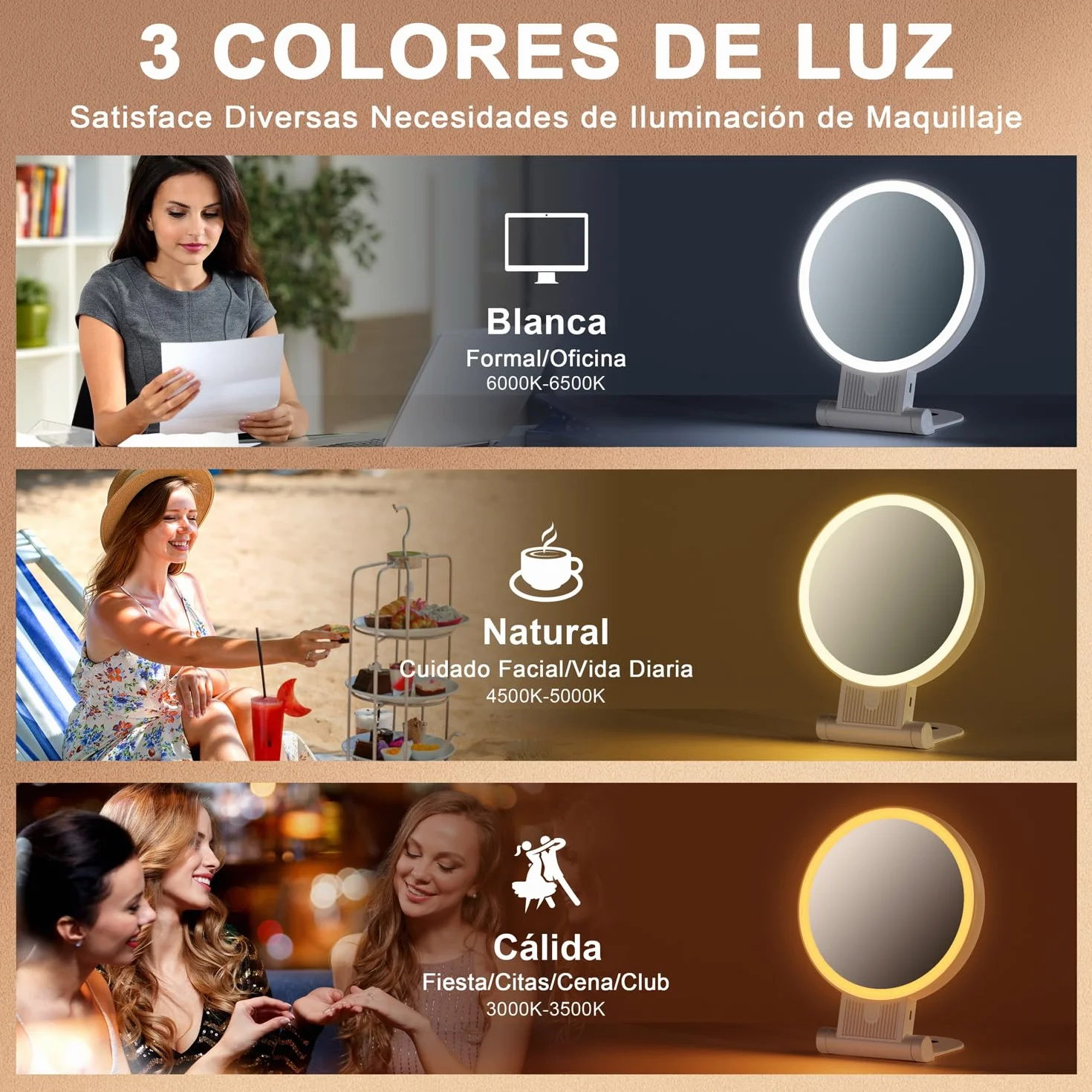 Espejo Maquillaje con Luz LED 30X/1X Aumento Doble Cara 72 Leds 3 Colores Regulable 2000mAh Recargable USB Colgable Pared Portátil Blanco