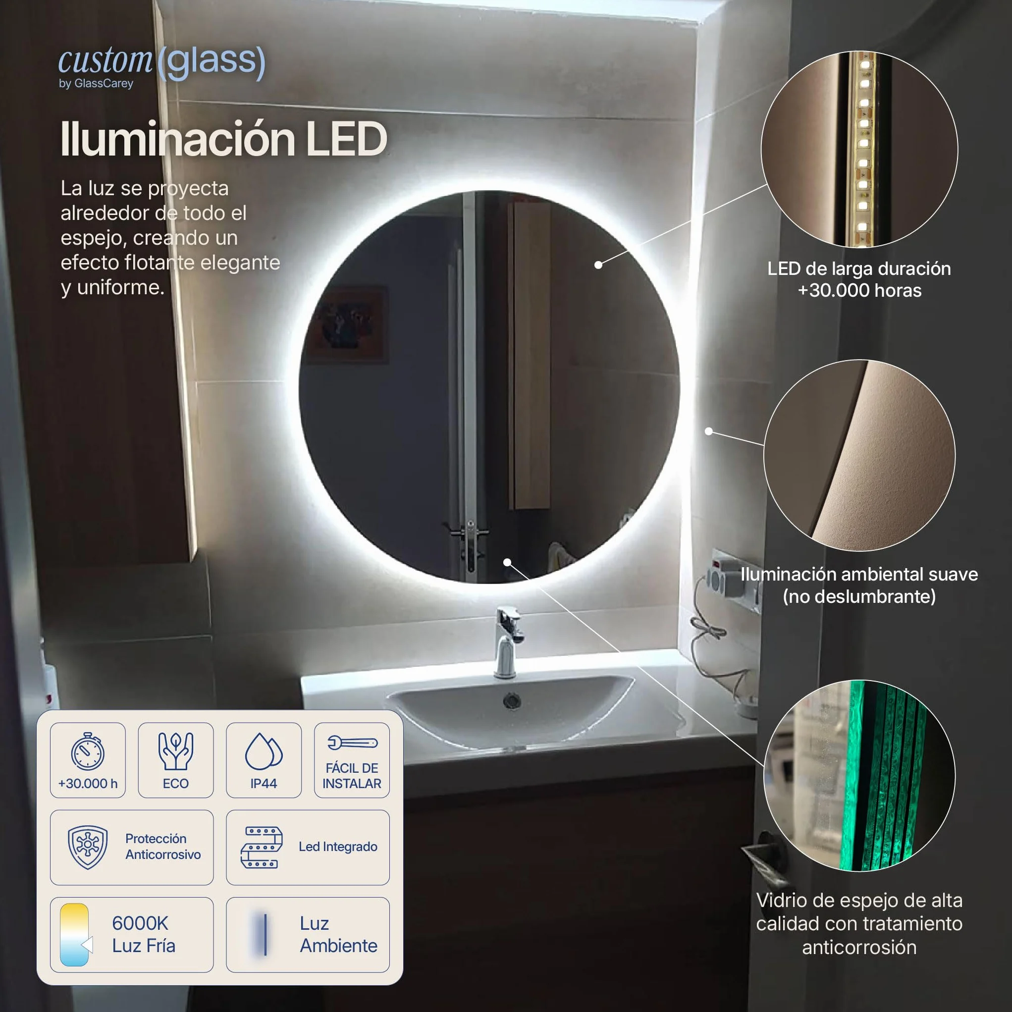 CustomGlass Espejo de Baño con iluminación Led Redondo Varias Medidas con Forma Circular Pared (Redondo 60 cm)