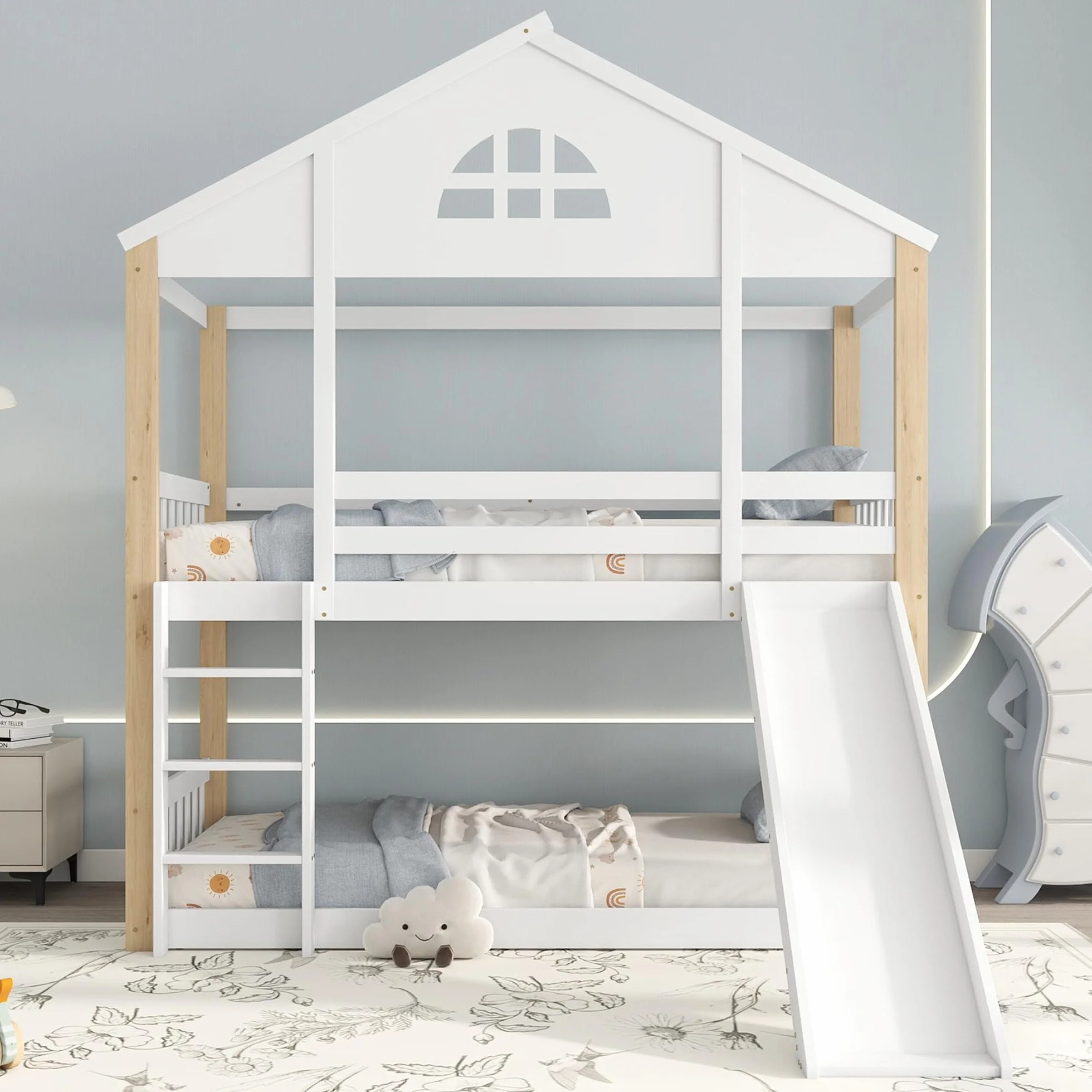 Soweiz Litera Infantil con Tobogán y Escalera, Cama Alta Casa de Madera, 90x200 cm
