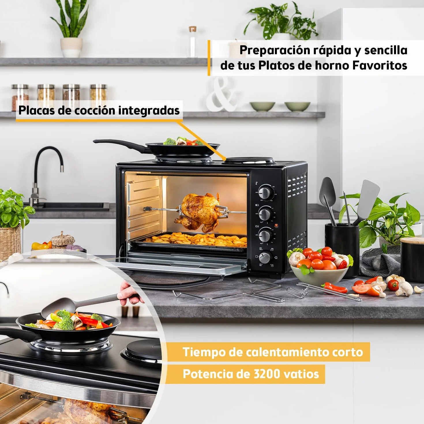 TZS First Austria Mini Horno 30L 3200W con Quemadores para Pizza 230°C 6 Modos