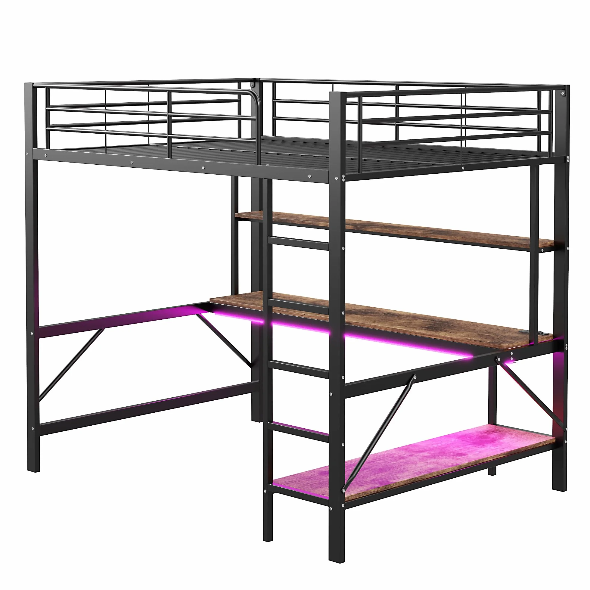 Cama alta litera 140x200 cm matrimonio metal con USB LED escritorio barandillas escalera estantes