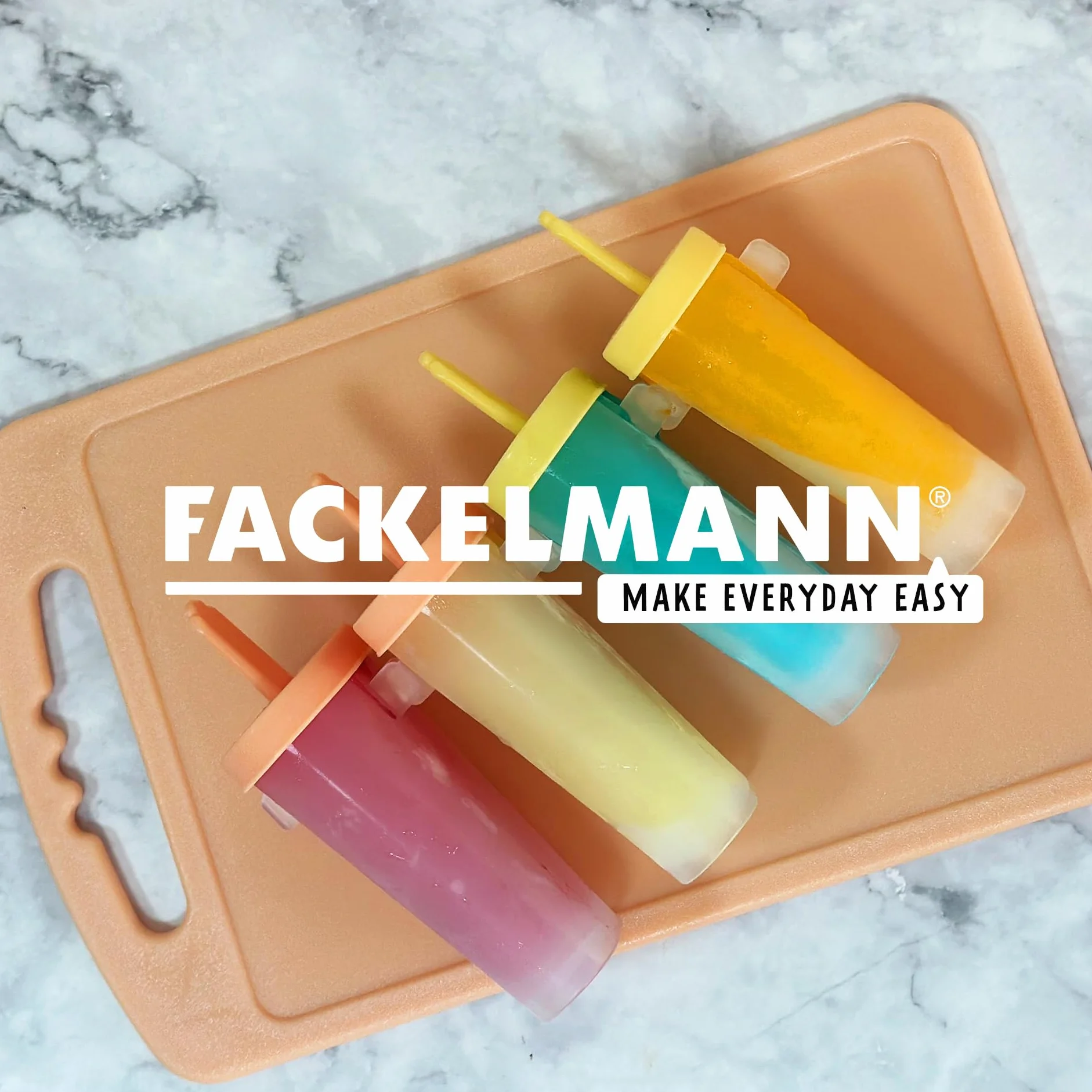 Fackelmann Poleros Moldes para Helados, Polipropileno de Grado Alimenticio, 4 uds, 15x6x11 cm, Amarillo y Naranja Pastel