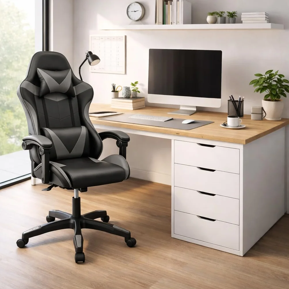 Silla Gaming Ergonómica Reclinable con Cojín Lumbar y Cervical, Altura Ajustable, Reposabrazos Acolchados, Ruedas 360°