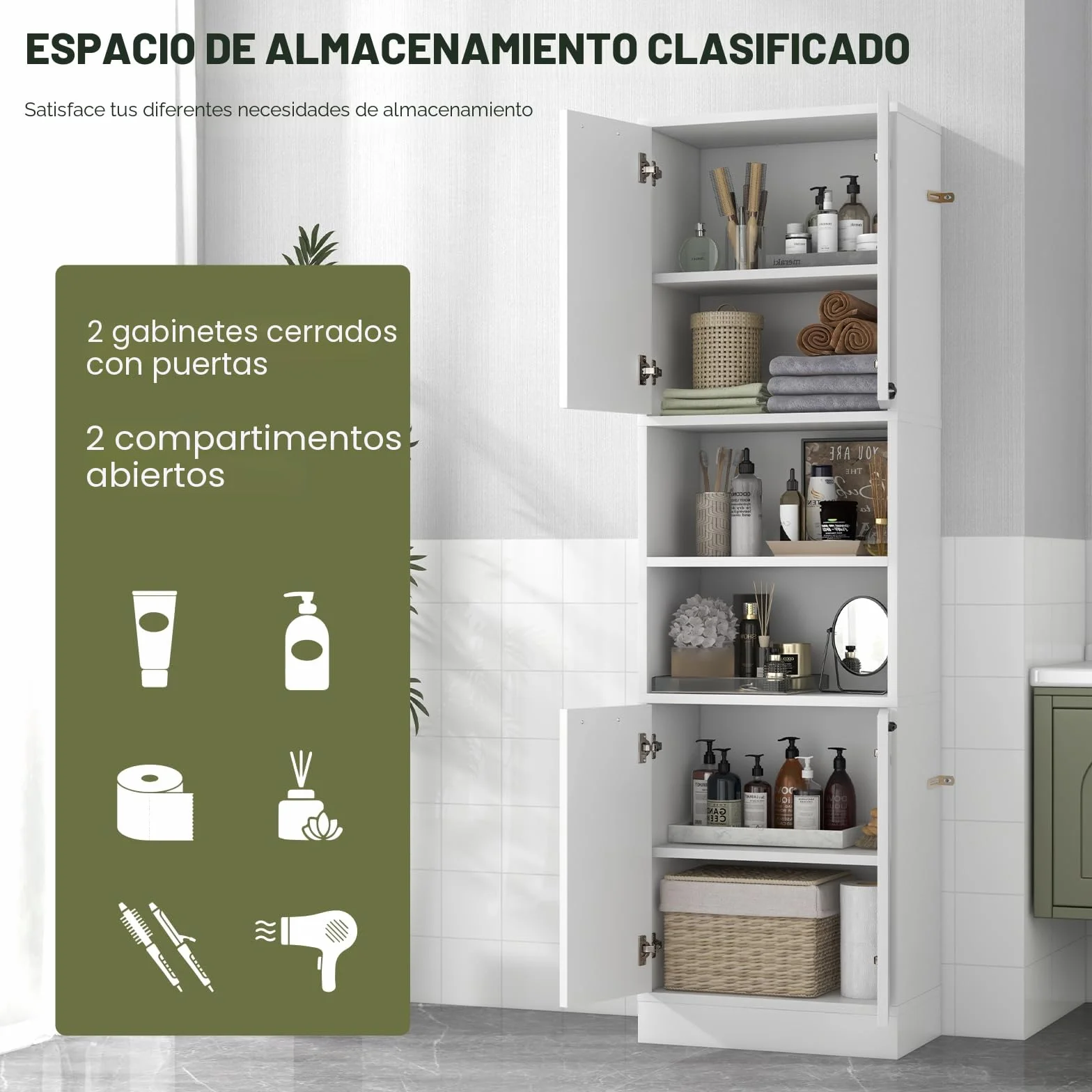 GIANTEX Armario Alto de Baño 56x30x190 cm Mueble Almacenamiento 4 Puertas 2 Compartimentos Abiertos Organizador 6 Estantes Blanco