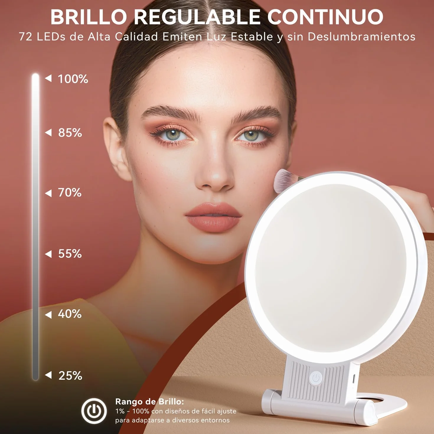 Espejo Maquillaje con Luz LED 30X/1X Aumento Doble Cara 72 Leds 3 Colores Regulable 2000mAh Recargable USB Colgable Pared Portátil Blanco