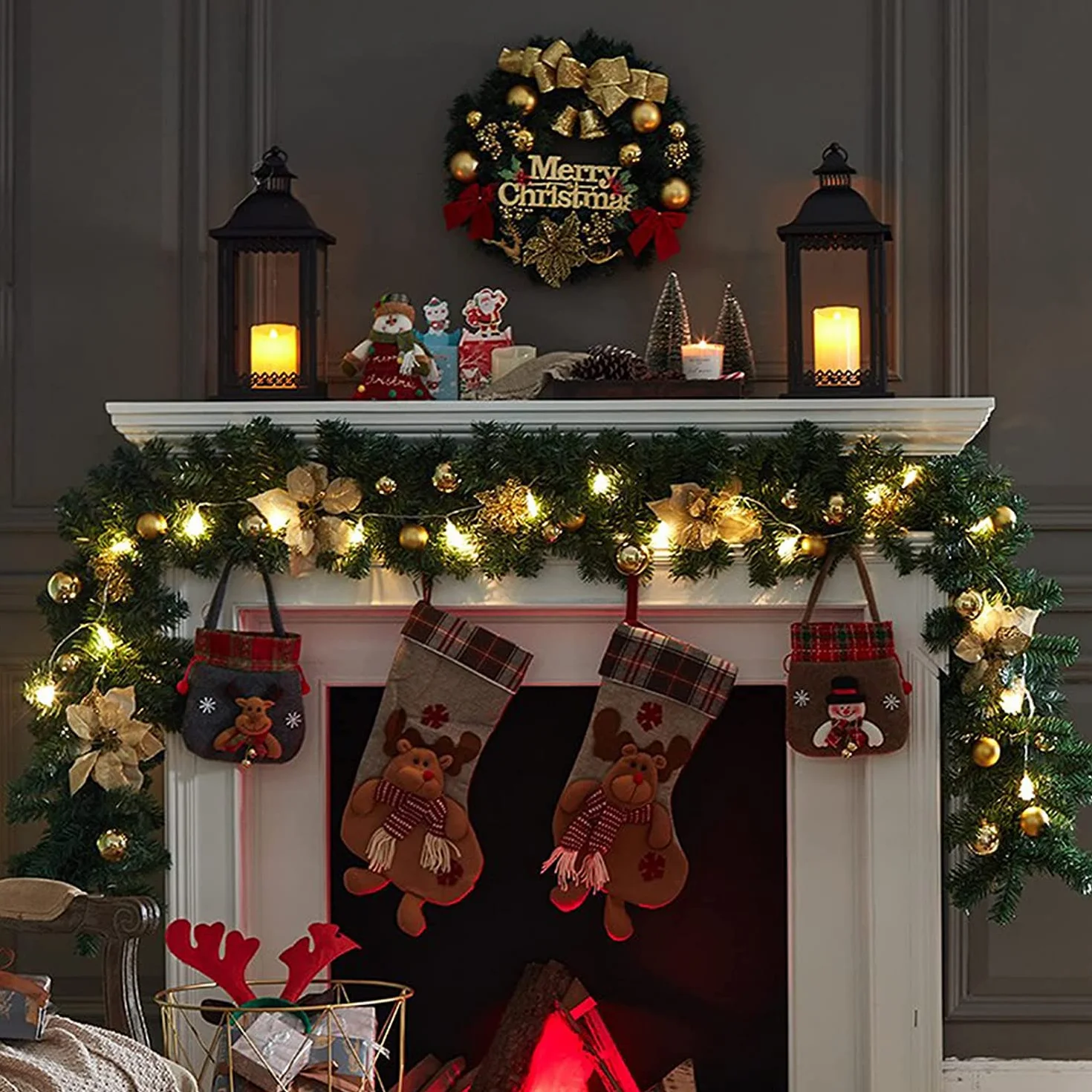 Guirnalda de Navidad con luces LED, 2,7 m (2,7 m), corona de Navidad de ratán artificial, guirnalda colgante para puerta delantera, guirnalda para colgar en la puerta delantera, para chimeneas
